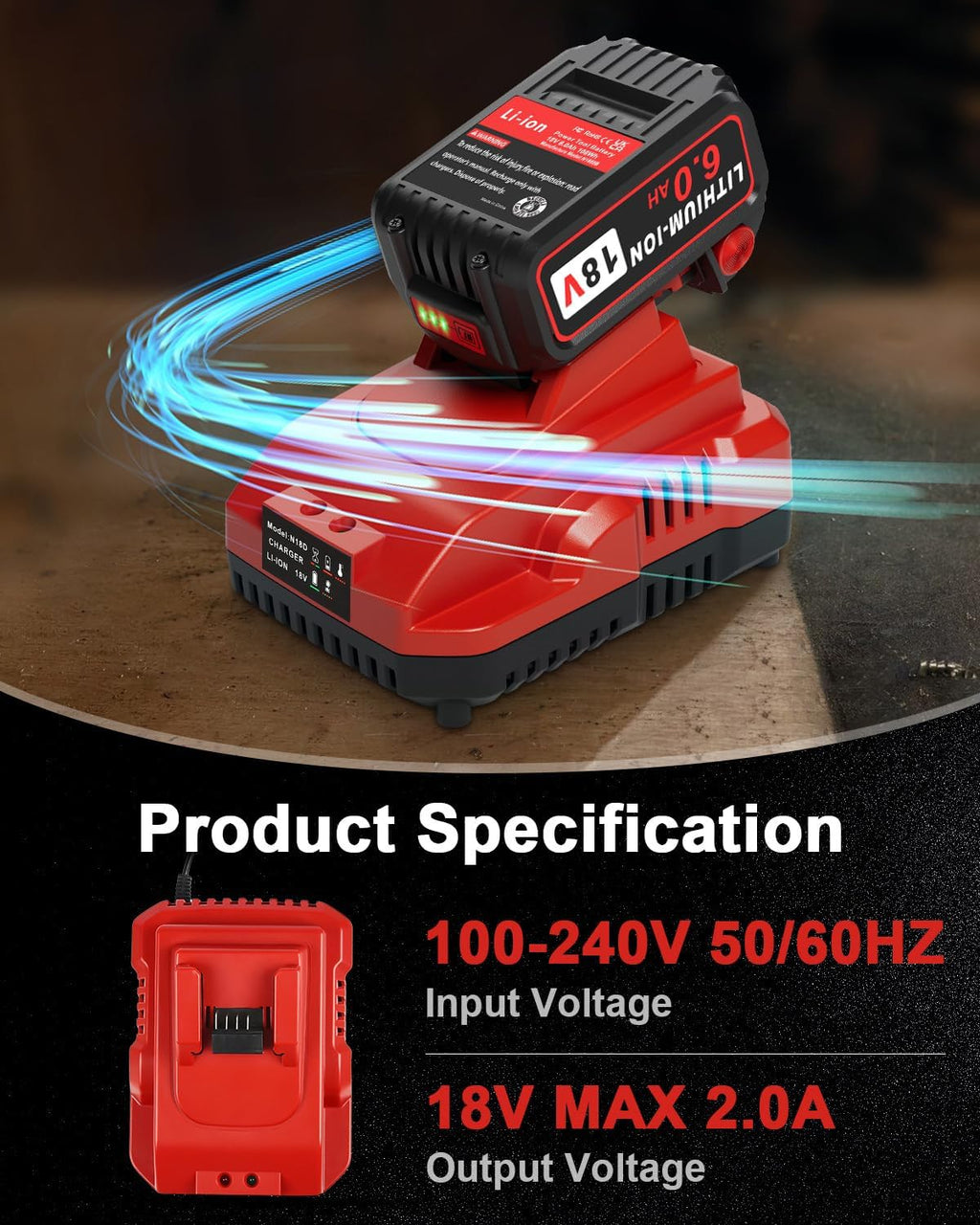 Aoasur 1-Pack 18V 6.0AH Replacement for Milwaukee M-18 Battery and 1 Charger（Red）