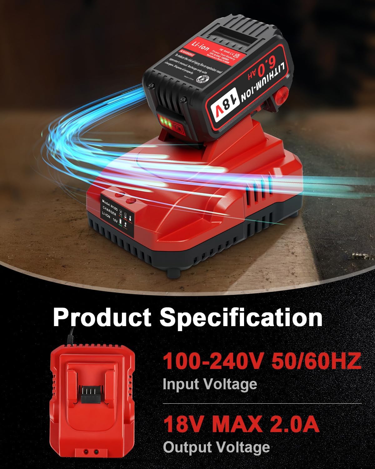 Aoasur 1-Pack 18V 6.0AH Replacement for Milwaukee M-18 Battery and 1 Charger（Red）