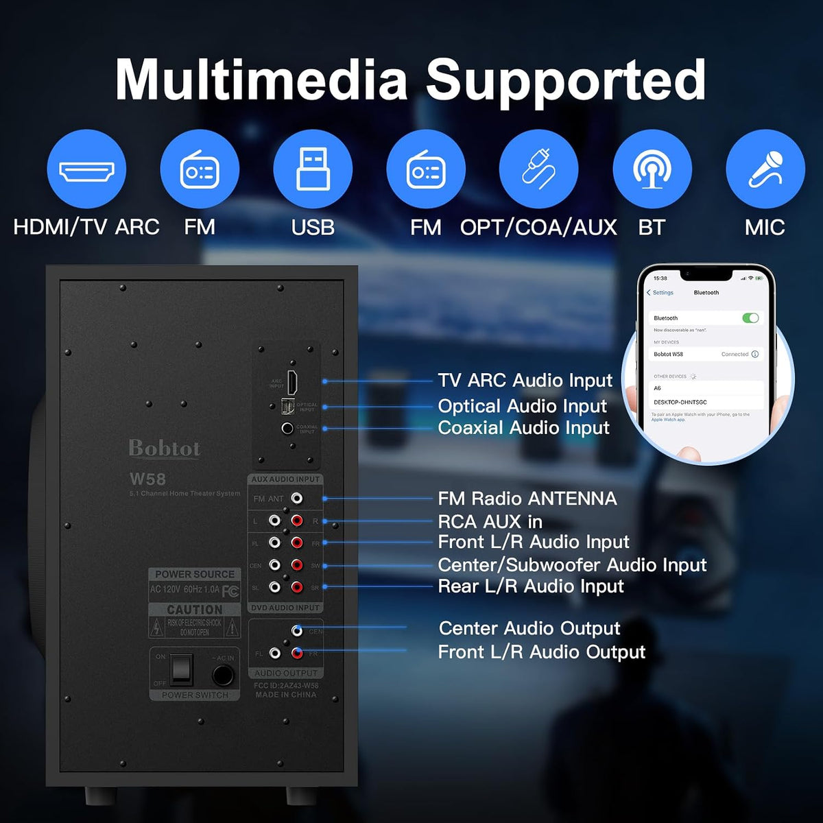 Home Theater Wireless Rear Satellite Speakers | 800W 6.5inch Subwoofer 5.1/2.1 Channel Surround Sound Systems with