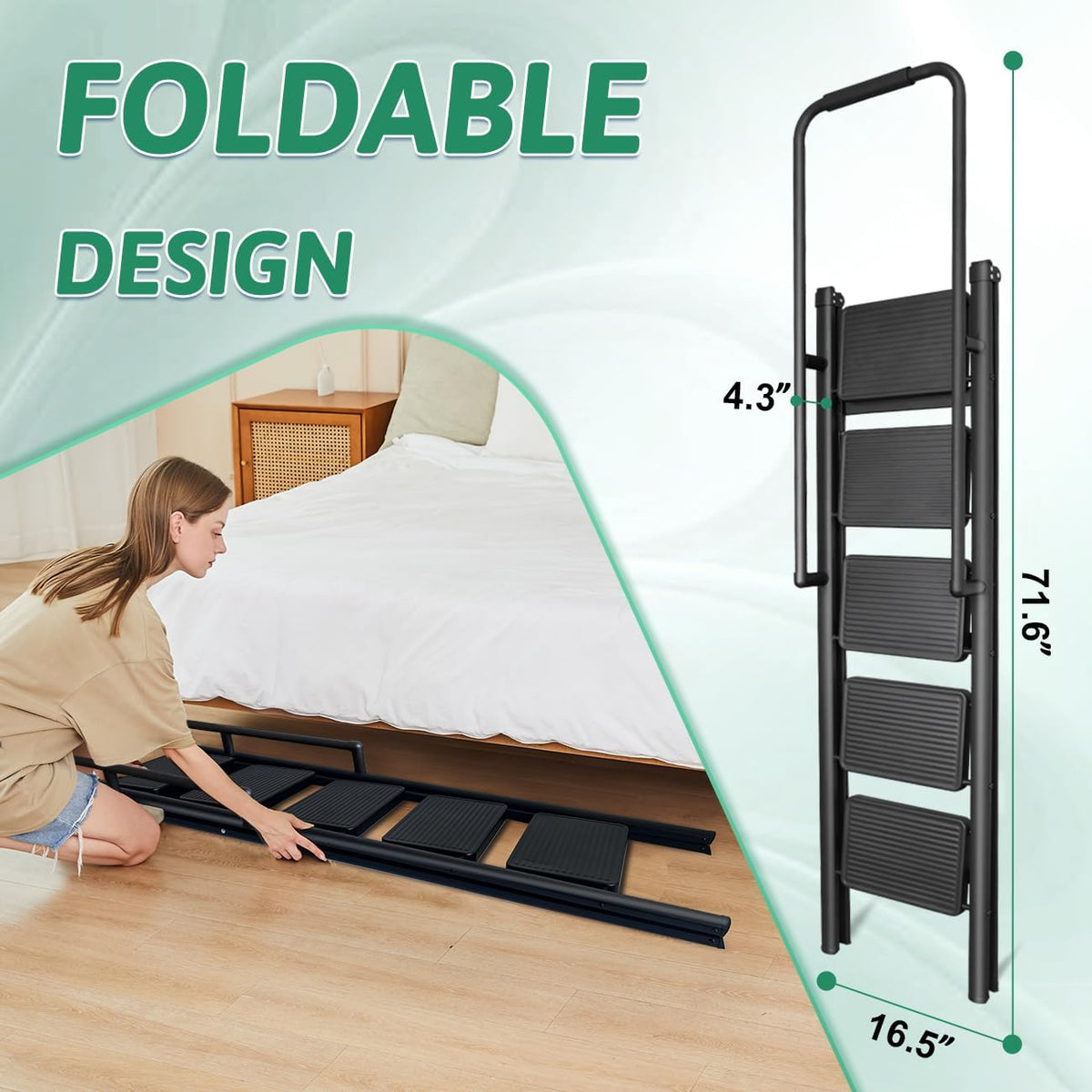 5-Step Folding Ladder with Handrails, Heavy Duty Ladders for Home & Kitchen, Folding Ladder Easy to Store, Tall