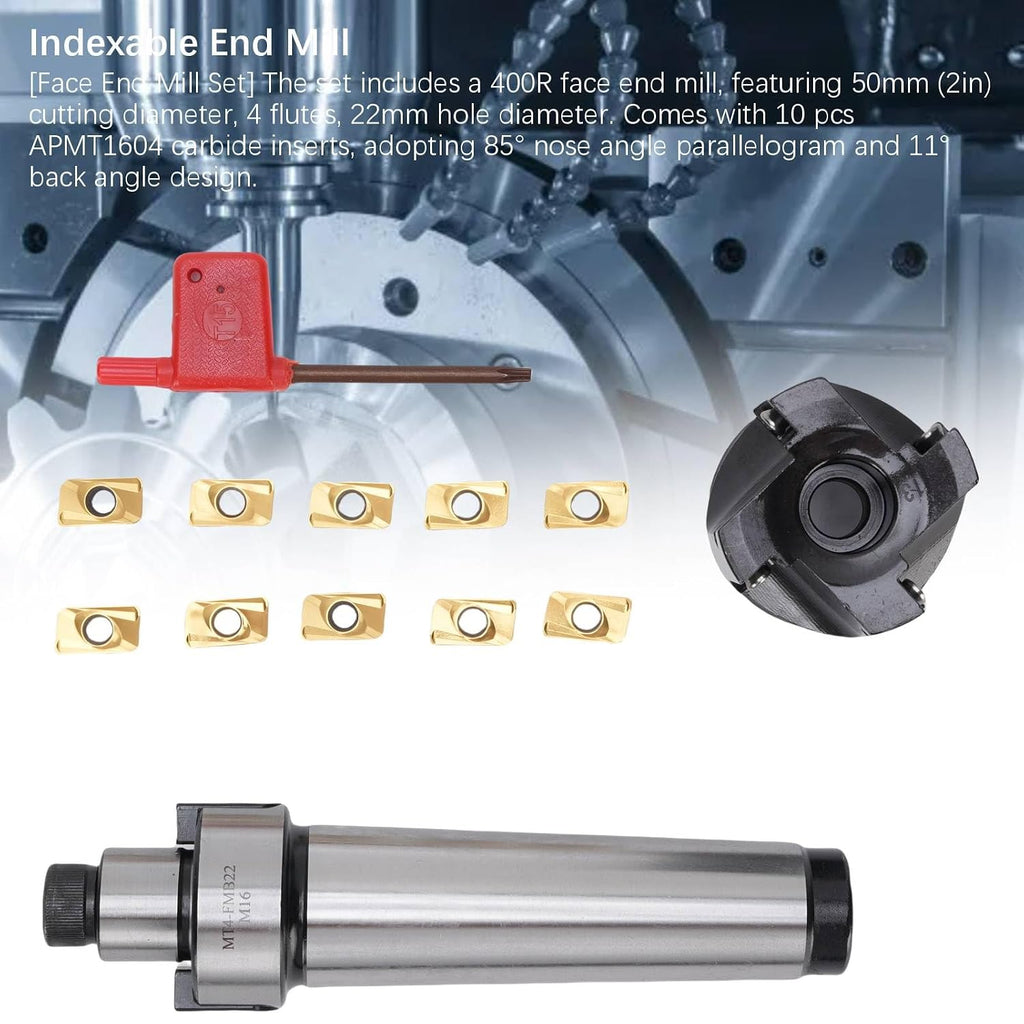 LICAEVEY Face End Mill Set, Face End Mill Cutter with 4 Flutes, MT4-FMB22 Holder, 10pcs Inserts for Step Milling, High Hard Alloy Body for CNC Machine