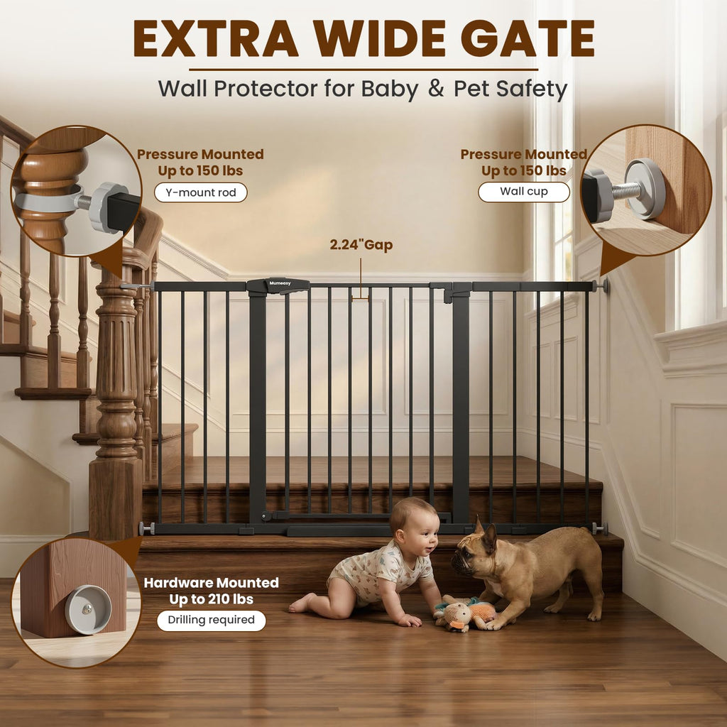 29.7-57" Extra-Wide No-Drill Pressure-Mounted Pet & Child Safety Gate with Auto-Close Walk-Through Door for Stairs, Hallways & Wide Doorways