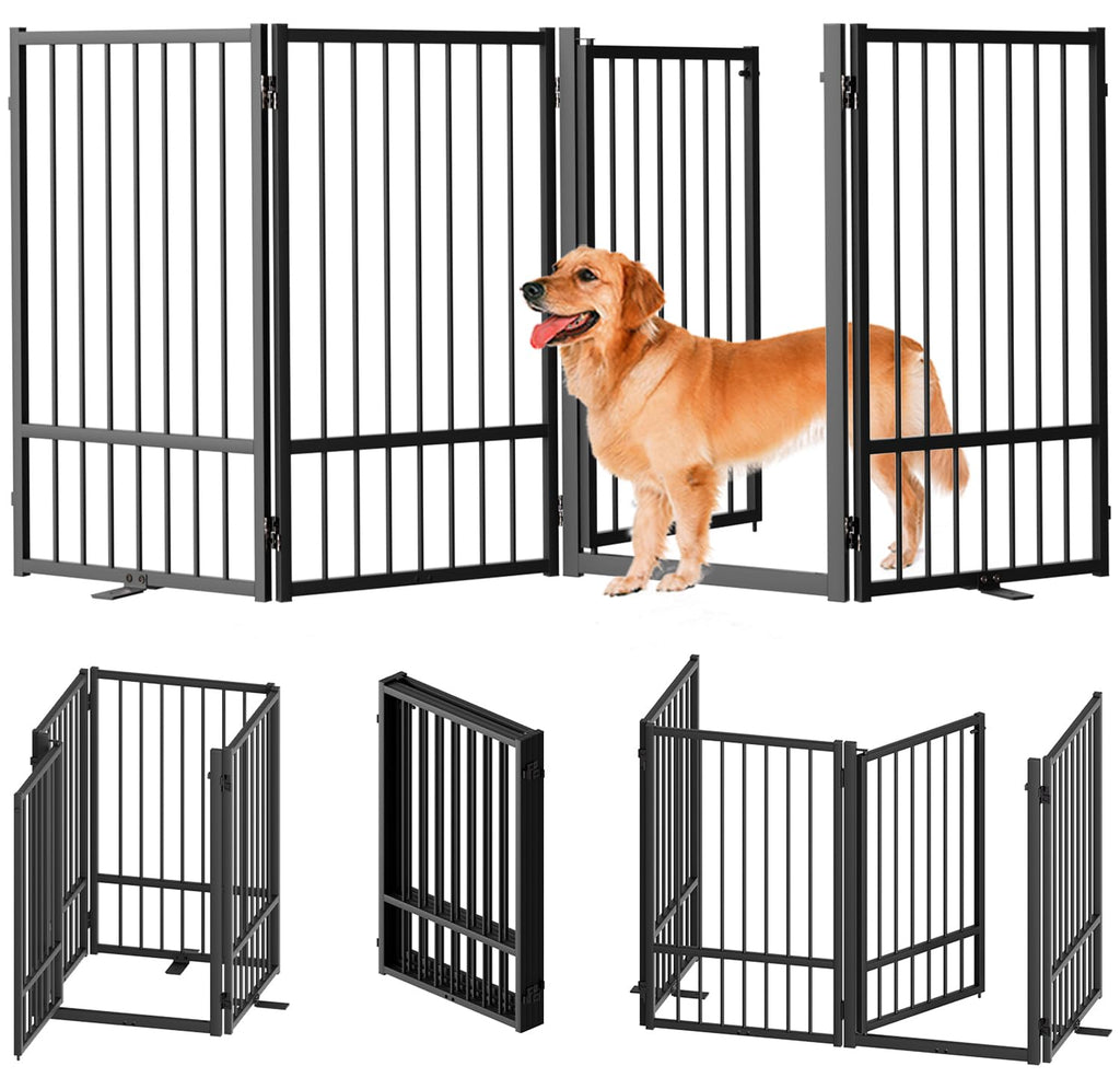 4-Panel Freestanding Heavy-Duty Steel Folding Pet & Dog Barrier Gate with Walk-Through Swing Door for Wide Indoor Openings, Hallways & Stairs
