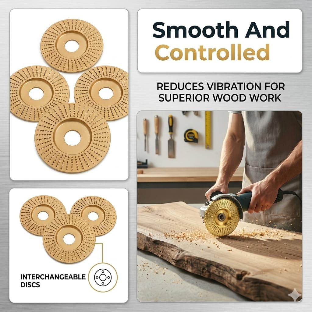 3PCS Wood Carving Disc Set, Tungsten Carbide Grinding Wheel Attachments for 4" & 4.5" Grinders, Wood Shaping Sanding Polishing Discs for Woodworking (Flat + Inclined + Curved, 22mm Arbor, Golden)