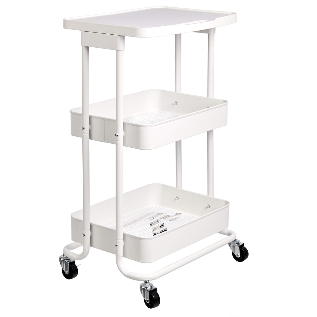 2-Tier Rolling Metal Utility Cart with Shelf, Portable Multi-Functional Storage, White