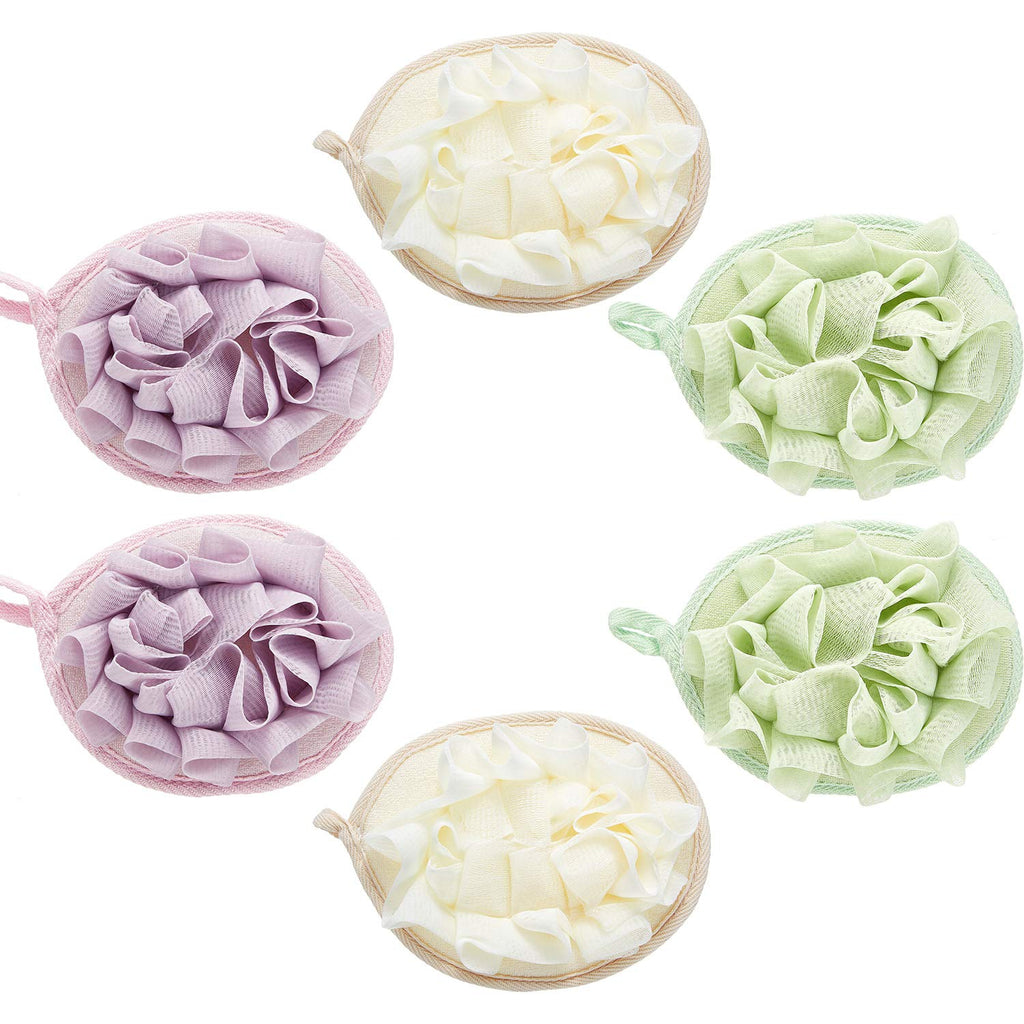 Bath Shower Pouf Sponge, 6 Pcs, Beige, Green, Purple