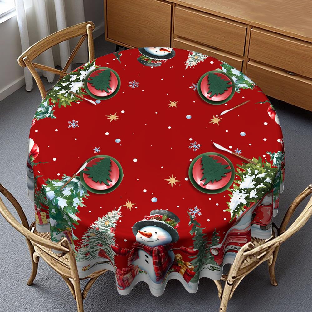 Christmas Round Tablecloth 60 Inch, Christmas Decorations for Home Snowmen Red Table Cloth for Round Festival, Xmas