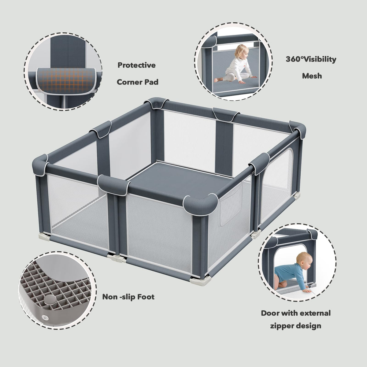71" x79" Modular Foldable Baby Playpen & Safety Activity Yard with Locking Walk-Through Gate for Infants & Toddlers