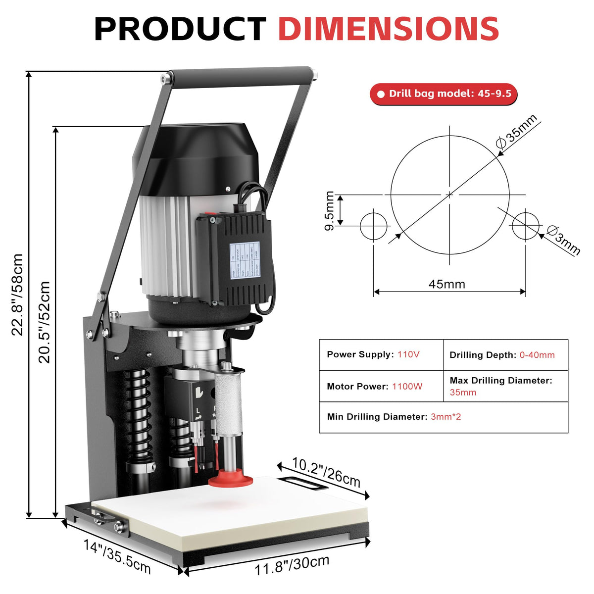 45-9.5mm Hinge Drilling Machine for Woodworking,1100W Boring Machine
