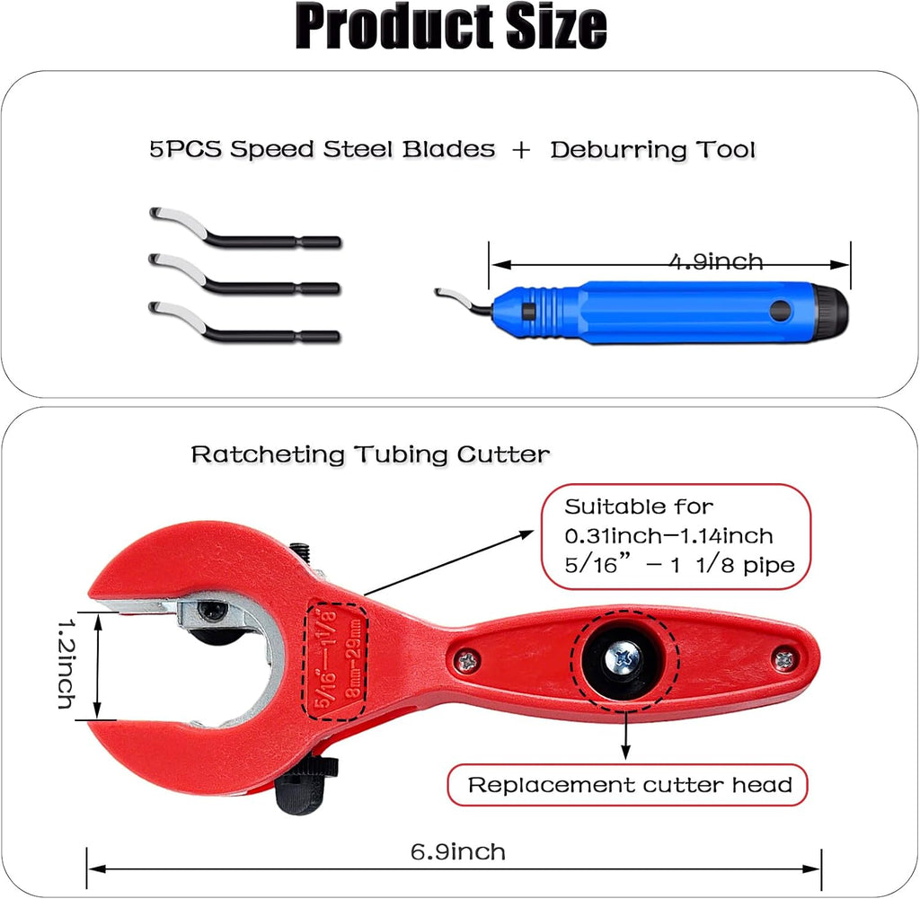 Ratcheting Tubing Cutter, Copper Pipe Cutter, Tubing Cutter 5/16" To 1 1/8", 2 in 1-360° Close Quarters Tube Compact