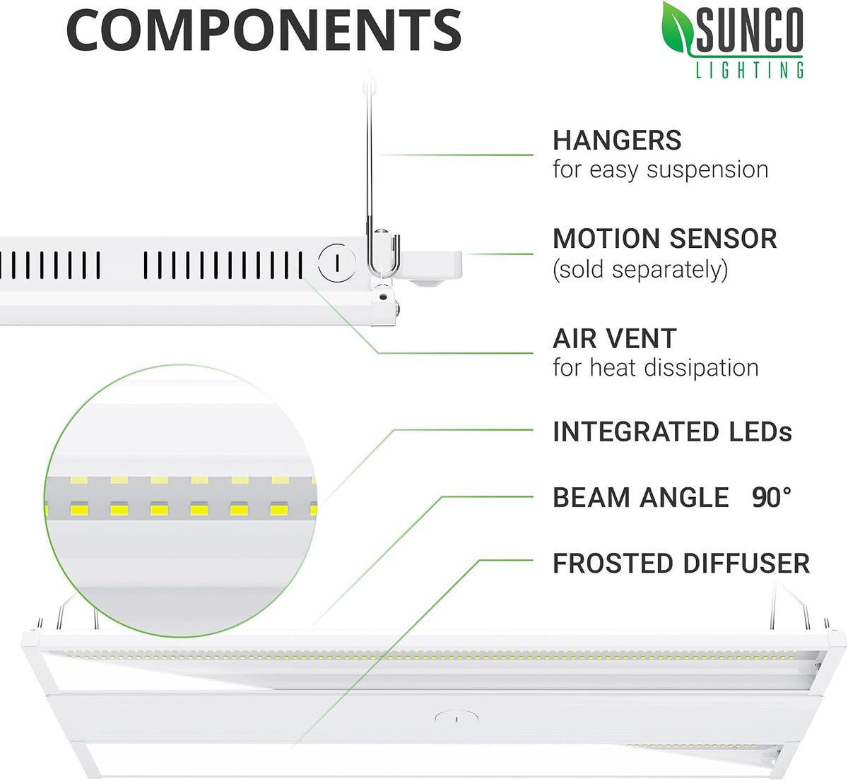 Sunco 2 Pack LED 2 Foot Linear High Bay Warehouse Lights, 110W, Dimmable
