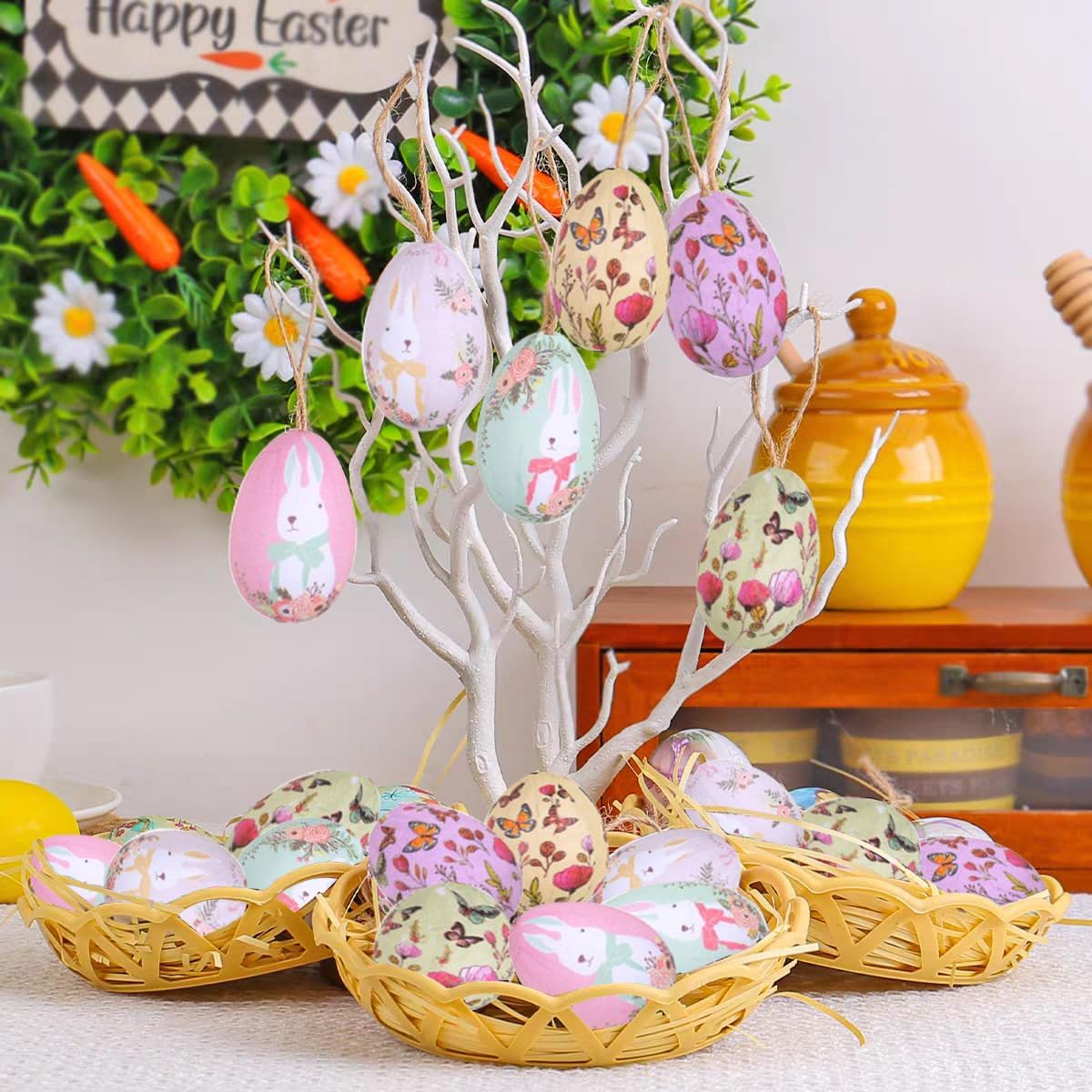 12Pcs Vintage Easter Eggs with Basket Base, Easter Decorations, Spring Ornaments, Pastel Spring Decorative Eggs for