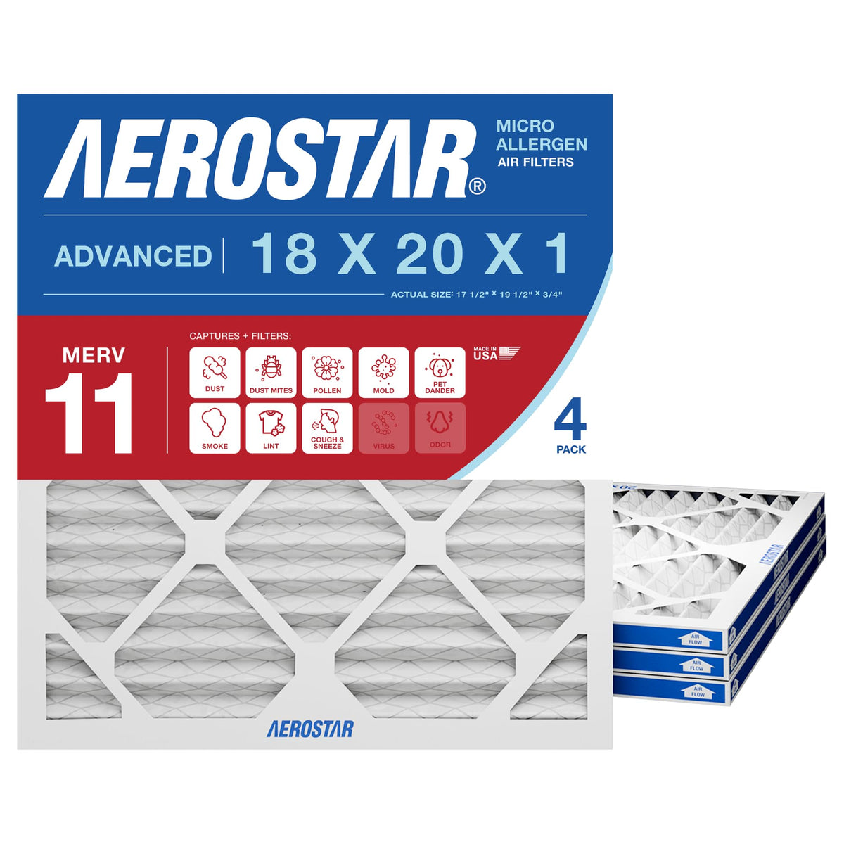 18x20x1 MERV 11-4 Count - Pleated HVAC, Furnace & Air Conditioner Filters - Removes Dust, Cold & Flu Germs, Lint
