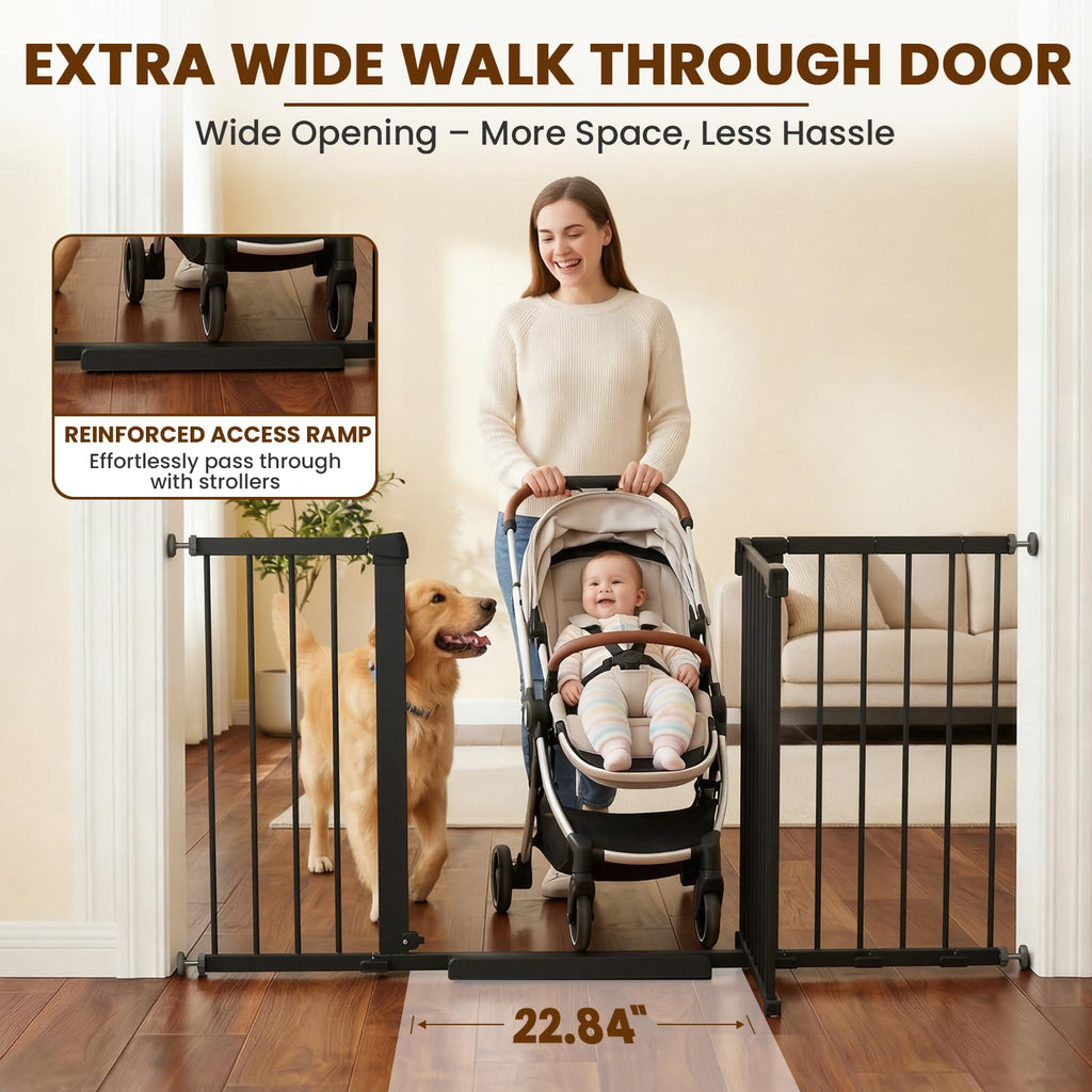29.7-57" Extra-Wide No-Drill Pressure-Mounted Pet & Child Safety Gate with Auto-Close Walk-Through Door for Stairs, Hallways & Wide Doorways