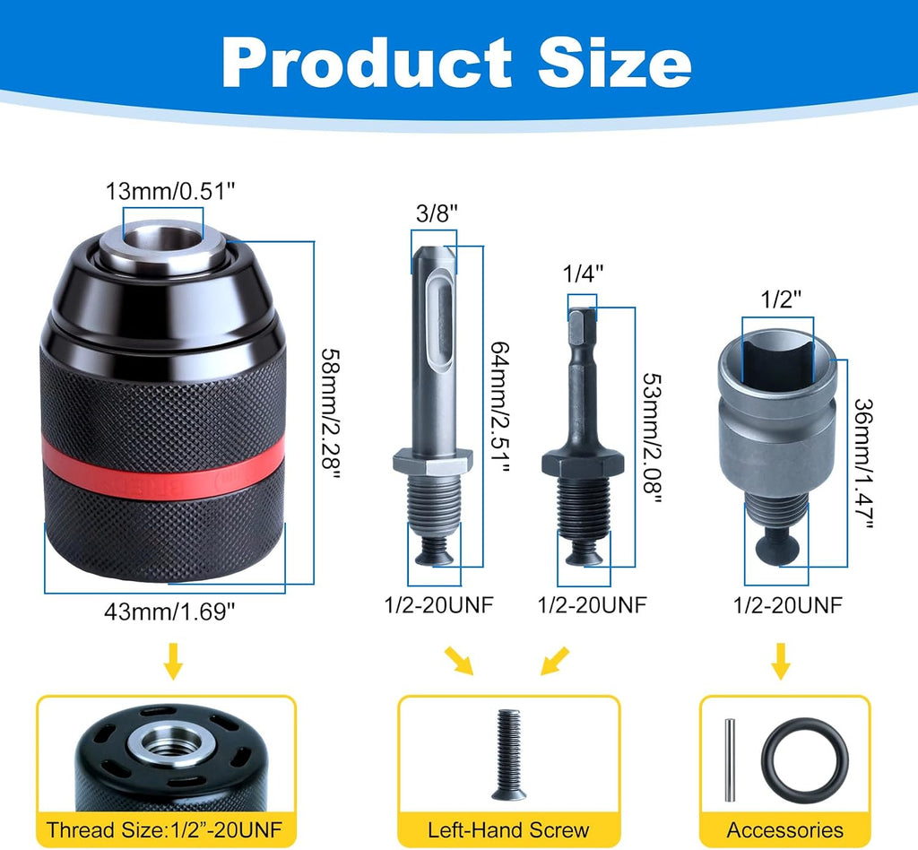 1/2"-20 Keyless Drill Chuck Adapter 3-in-1 for Impact Driver