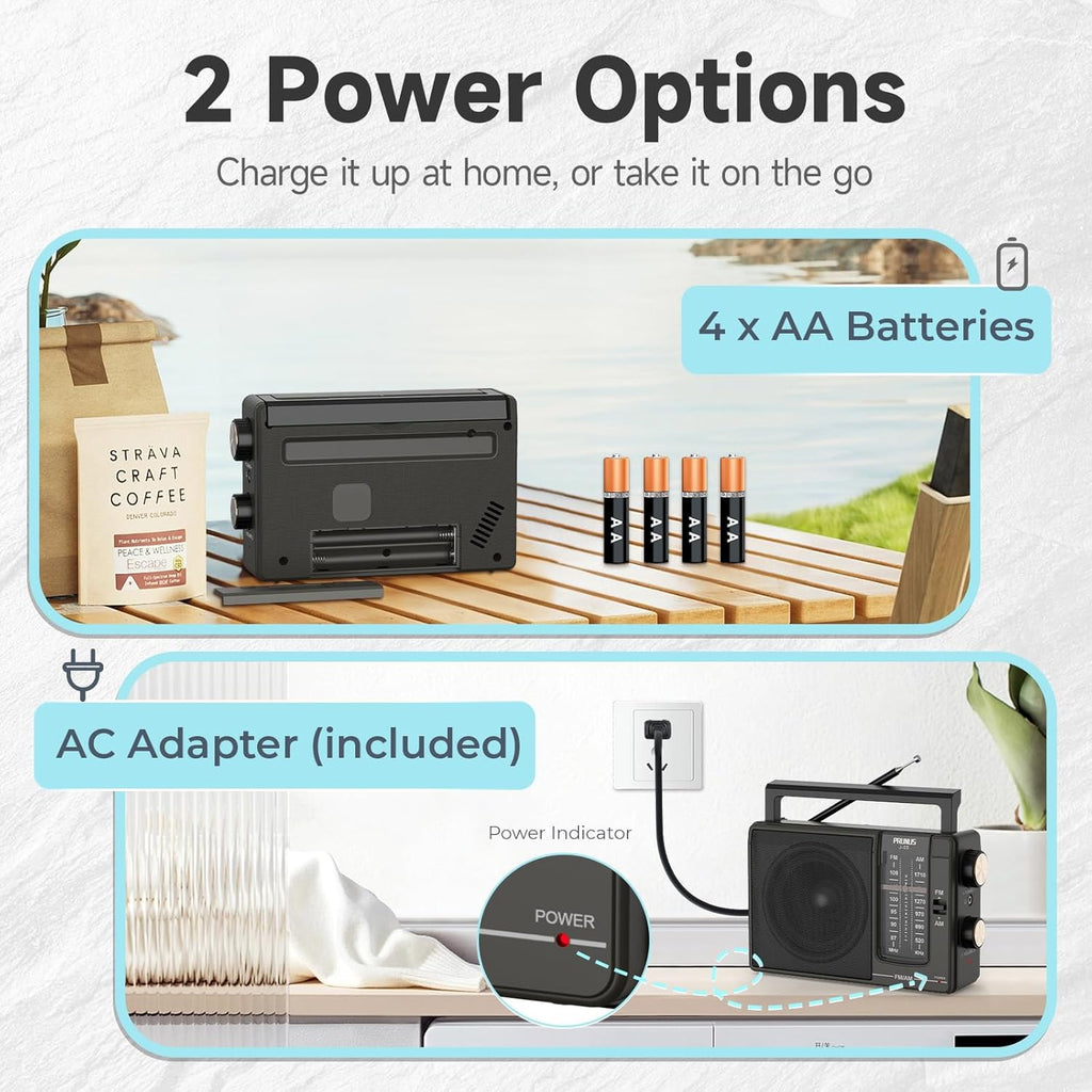 J03 AM FM Radio Portable Plug in Wall or AA Battery Operated for Home/Outdoor, Large Speaker Excellent Sound and