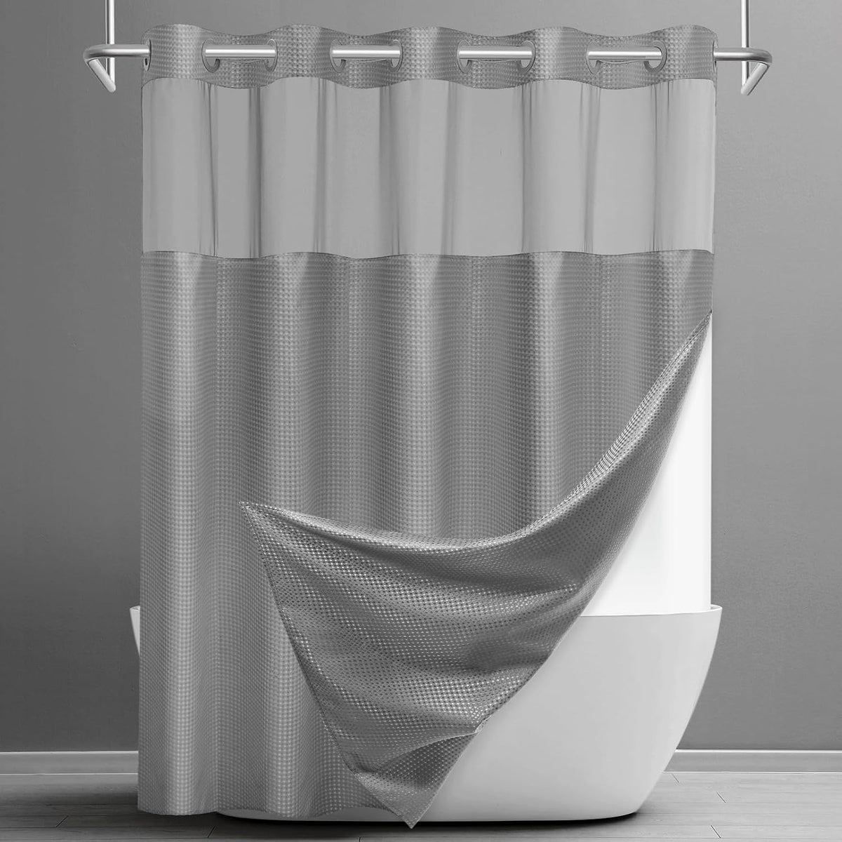 No Hook Shower Curtain with Snap in Liner Set Waffle Shower Curtain for Bathroom Hotel Style Fabric Waterproof Inner