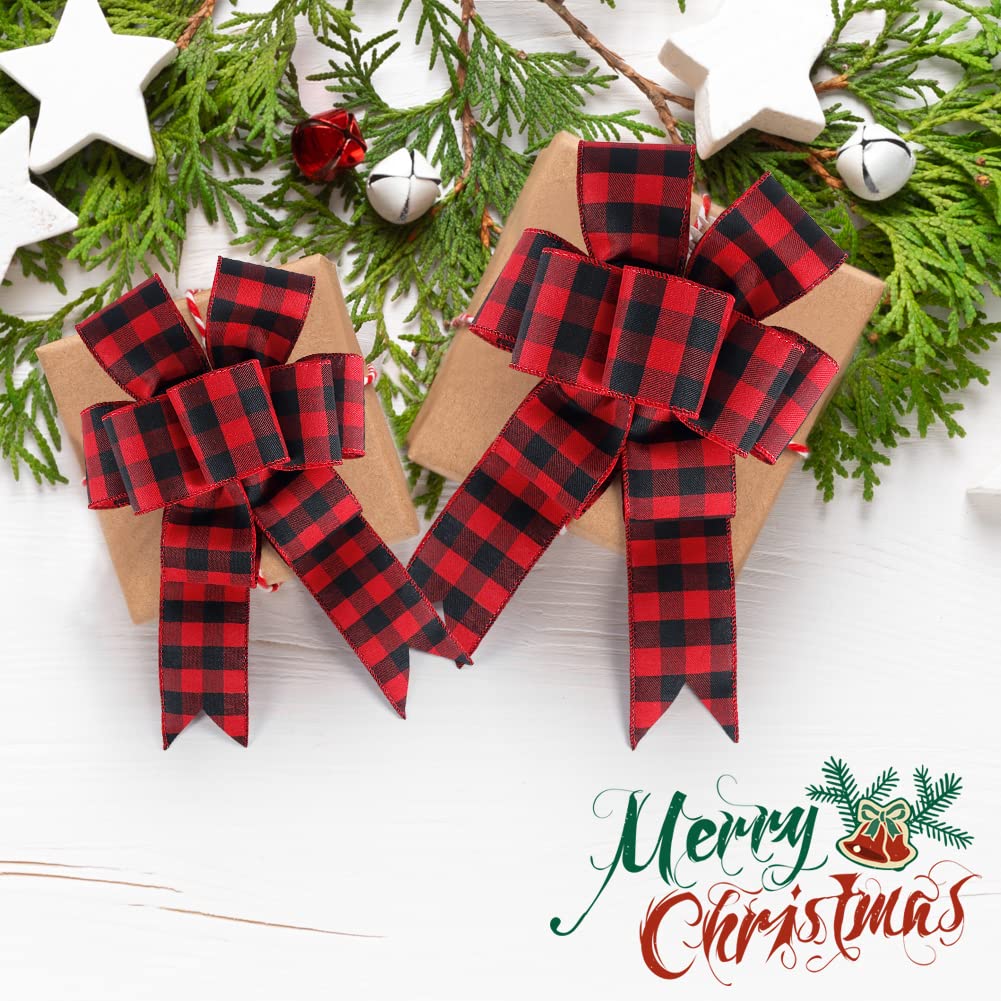 19.6 Yard 2.5 inch Wide Buffalo Plaid Ribbons Wired Edges, 2 Rolls Red and Black Checkered Ribbon for Christmas Tree