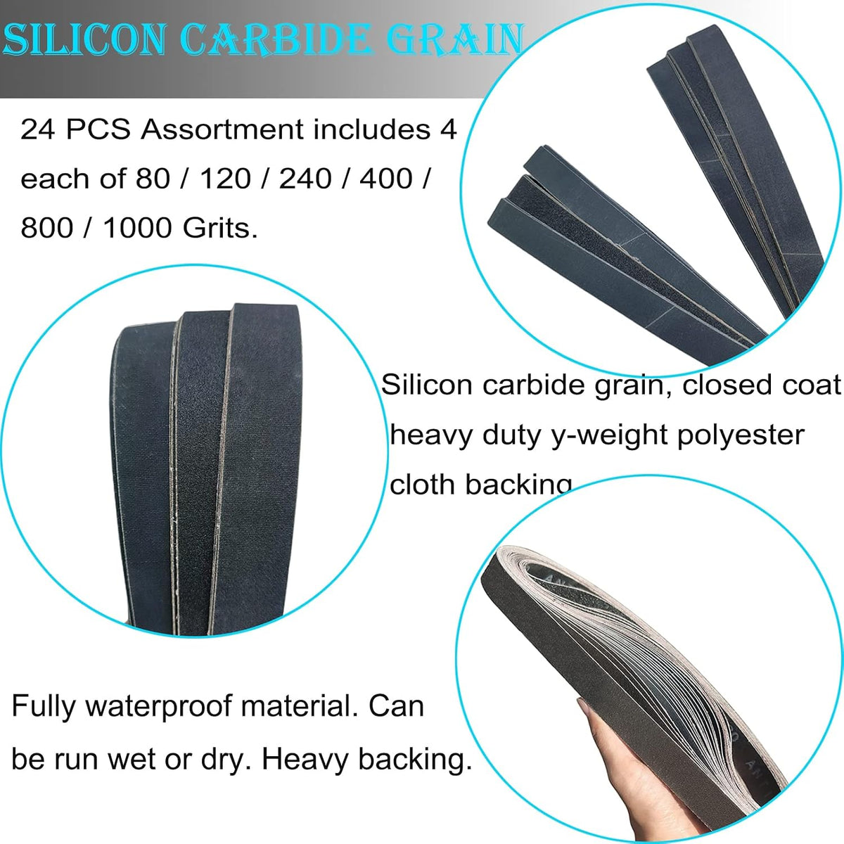 24 PCS 1 x 30 Inch Silicon Carbide Sanding Belts Assortment- 80, 120, 240, 400, 800, 1000 Grits Premium Sander Belts For Knife Sharpening and Metalworking