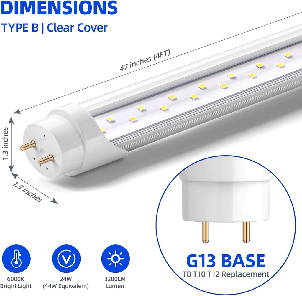 Barrina T8 LED Bulbs 4 Foot, 24W 3200LM, 6000K Bright Light, Ballast Bypass