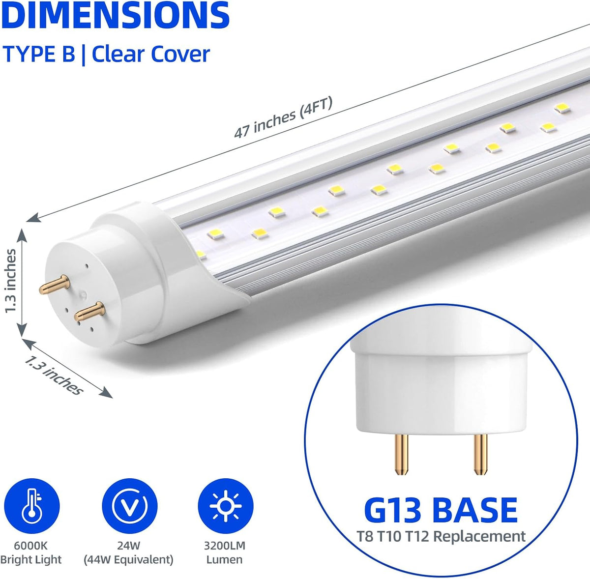 Barrina T8 LED Bulbs 4 Foot, 24W 3200LM, 6000K Bright Light, Ballast Bypass