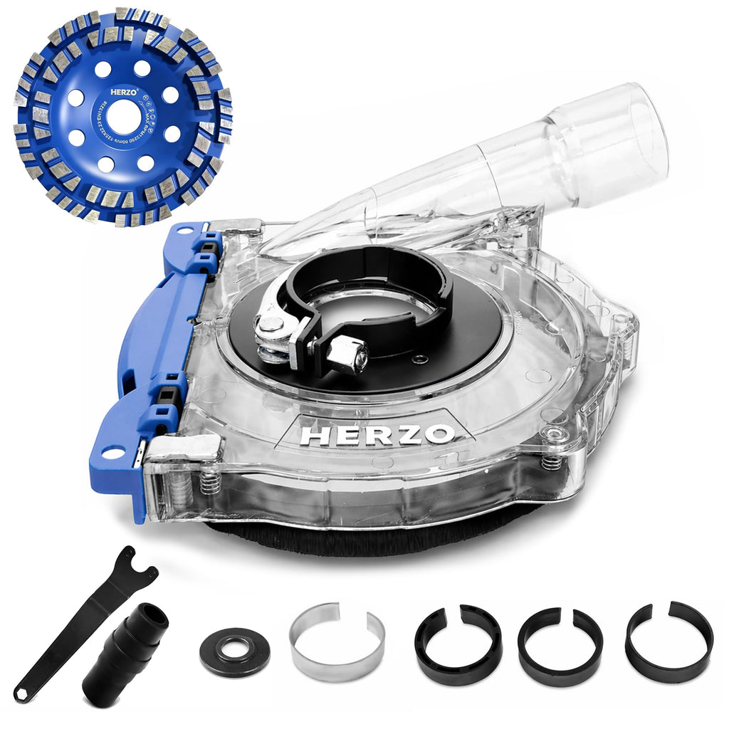 HERZO Dust Shroud for 5 inch and 4-1/2 inch Angle Grinder, Universal Surface Grinding Shroud + Diamond grinding cup wheel 5 inch,Transparent Polycarbonate