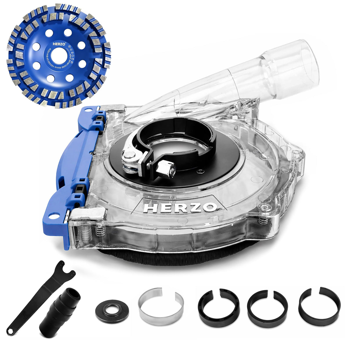 HERZO Dust Shroud for 5 inch and 4-1/2 inch Angle Grinder, Universal Surface Grinding Shroud + Diamond grinding cup wheel 5 inch,Transparent Polycarbonate