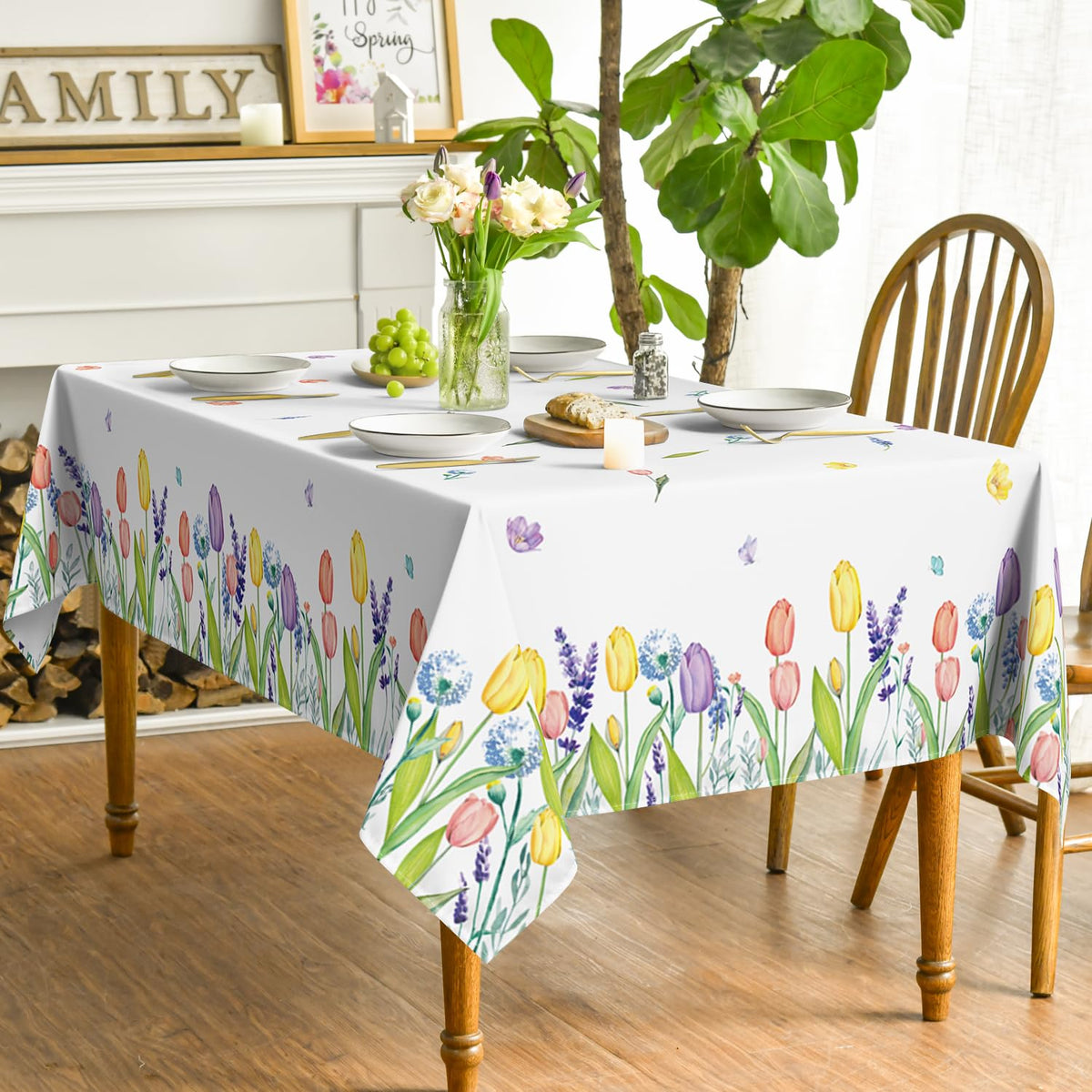 Spring Summer Tablecloth 60 x 84 Inch Rectangular Easter Tulip