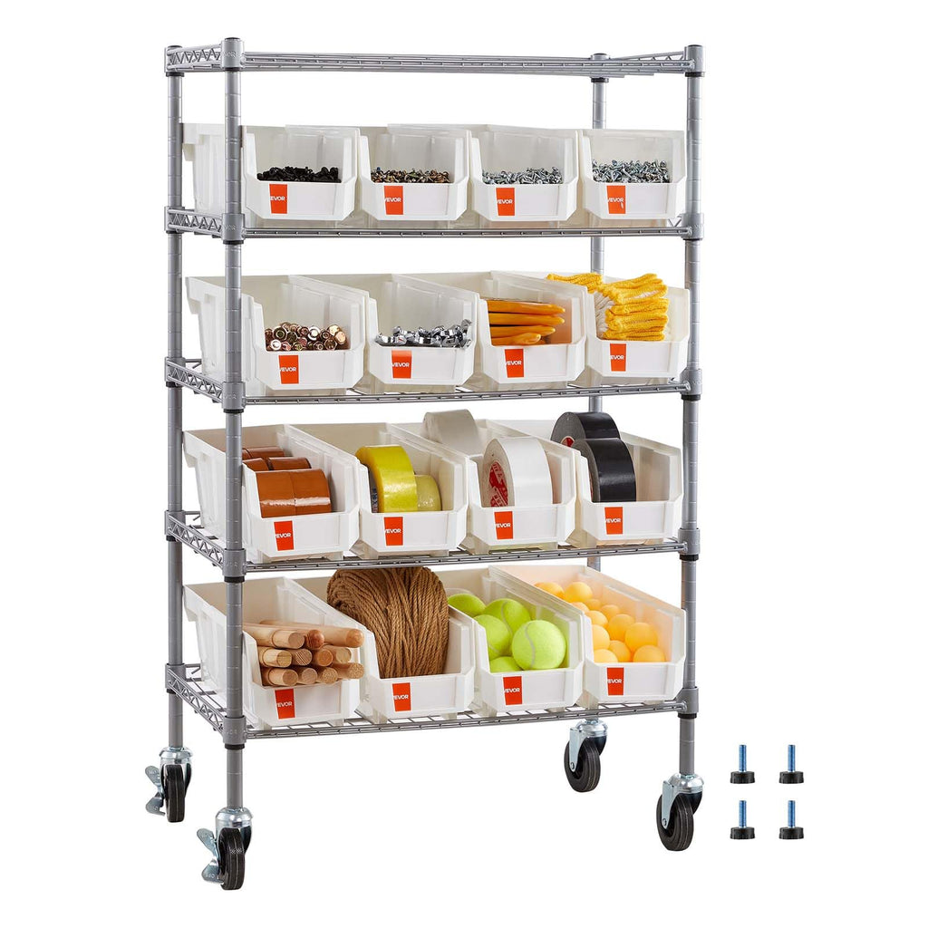 5-Tier Rolling Bin Storage Rack, 16 Organizer Bins, Bin Rack Storage Steel Wire Shelving System with Wheels, Mobile