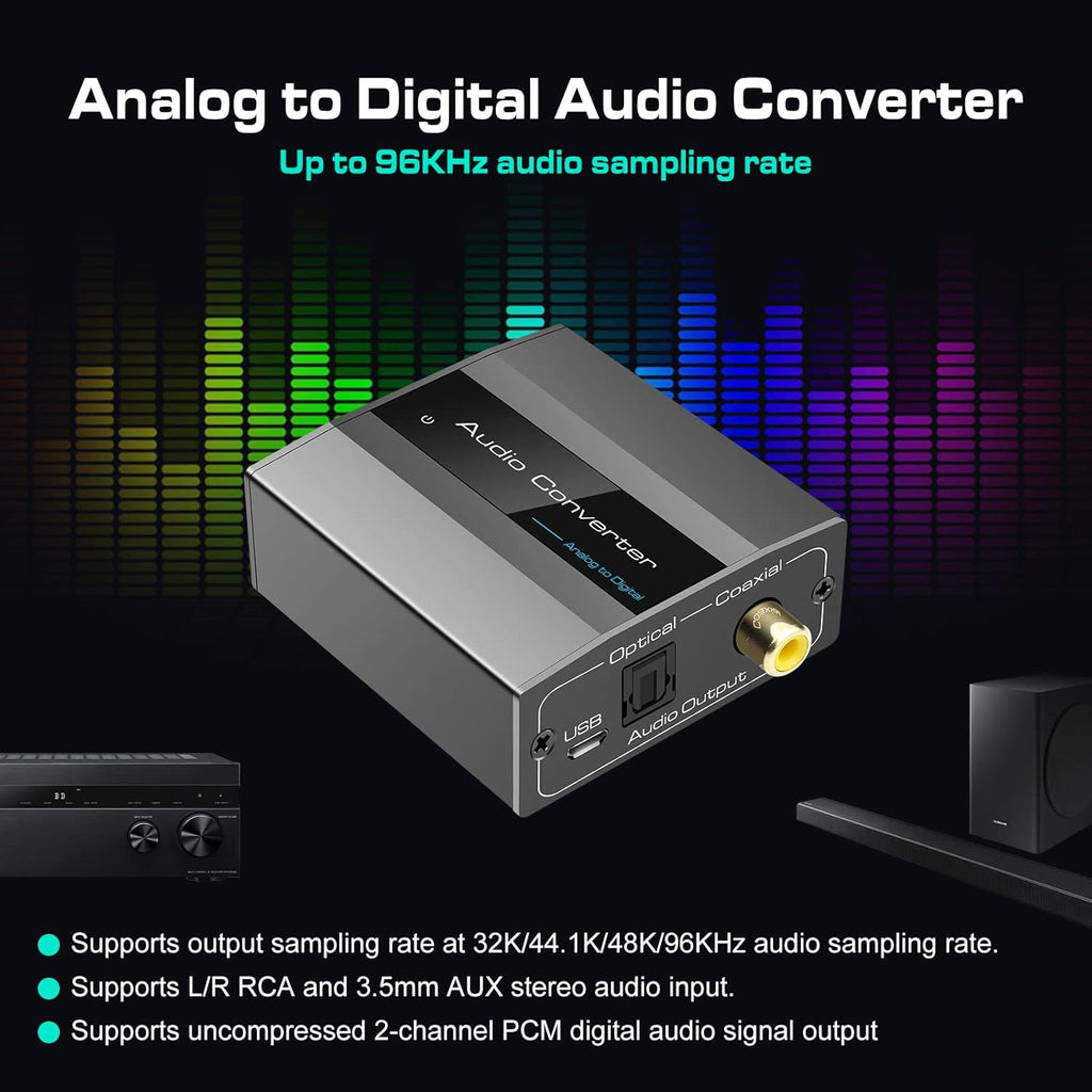 Analog to Digital Audio Converter RCA to Optical with Cable 3.5mm AUX Jack Toslink and Coaxial Adapter for Soundbar