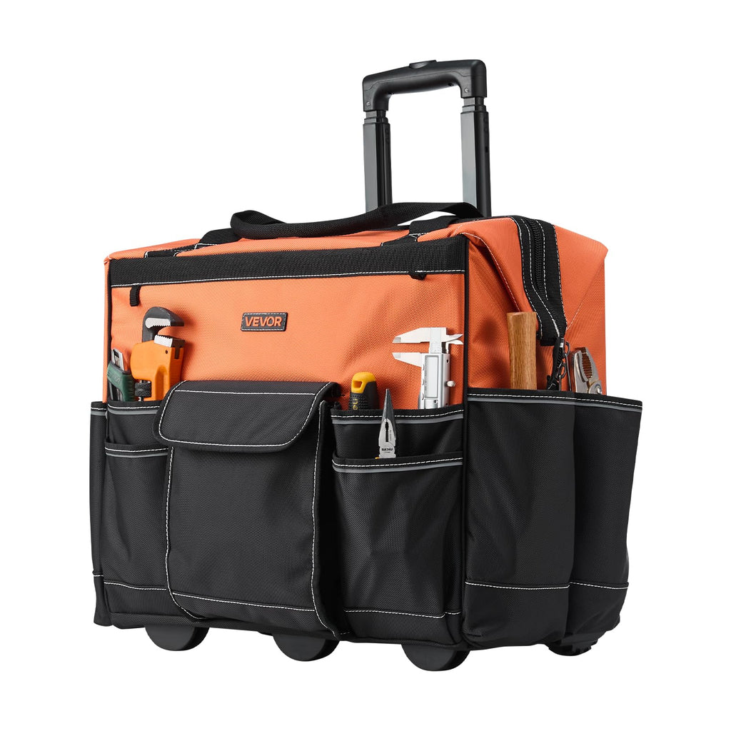 20" Rolling Tool Bag, 110 lbs Load Capacity, 27 Pockets Heavy Duty Roller Tool Bag on Wheels, Adjustable Telescoping