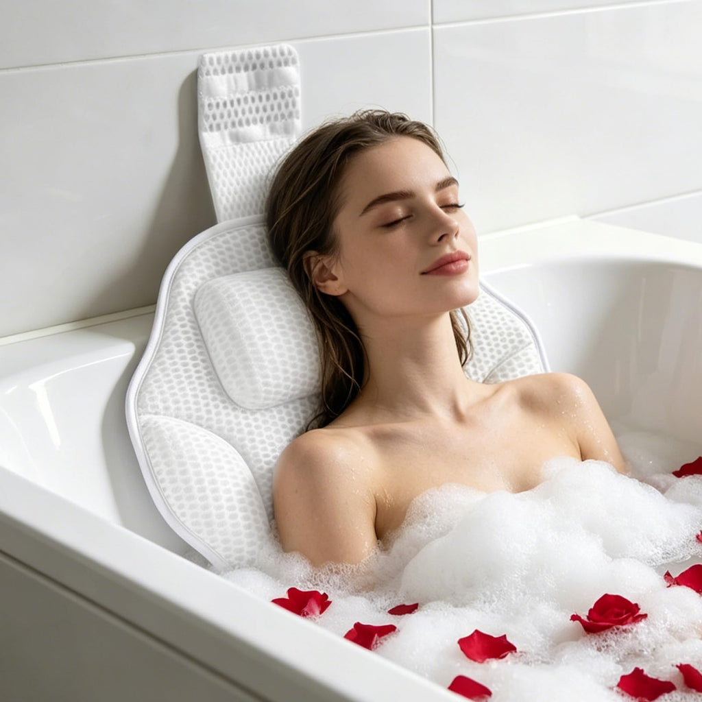 Luxury Oversized Petal-Shaped Bath Pillow for Head, Neck and Backrest, Extra Thick, Polyester, White, Anti-Slip