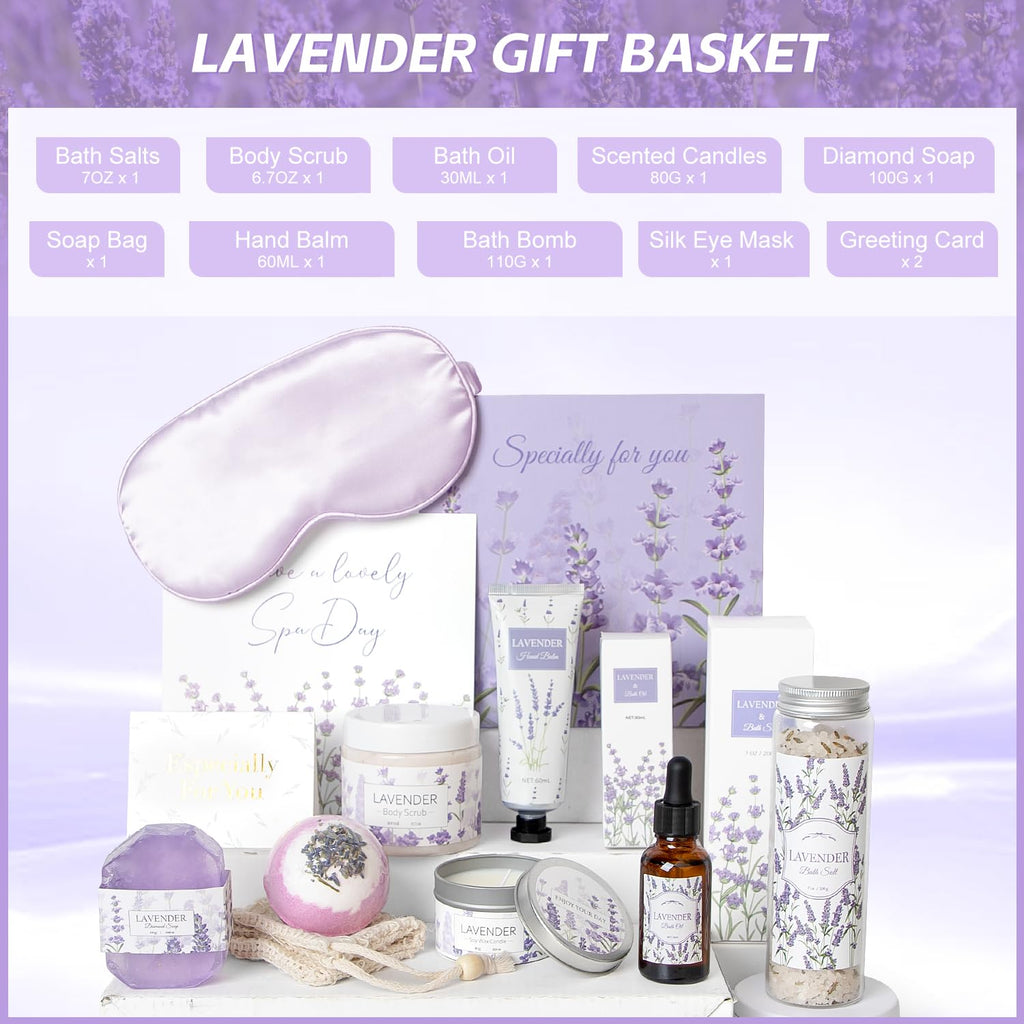 Lavender Spa Gifts Set, 11 Pcs Bath Gift Set for Women, Relaxing Spa Gifts, Home Spa Bath Set Self Care Package