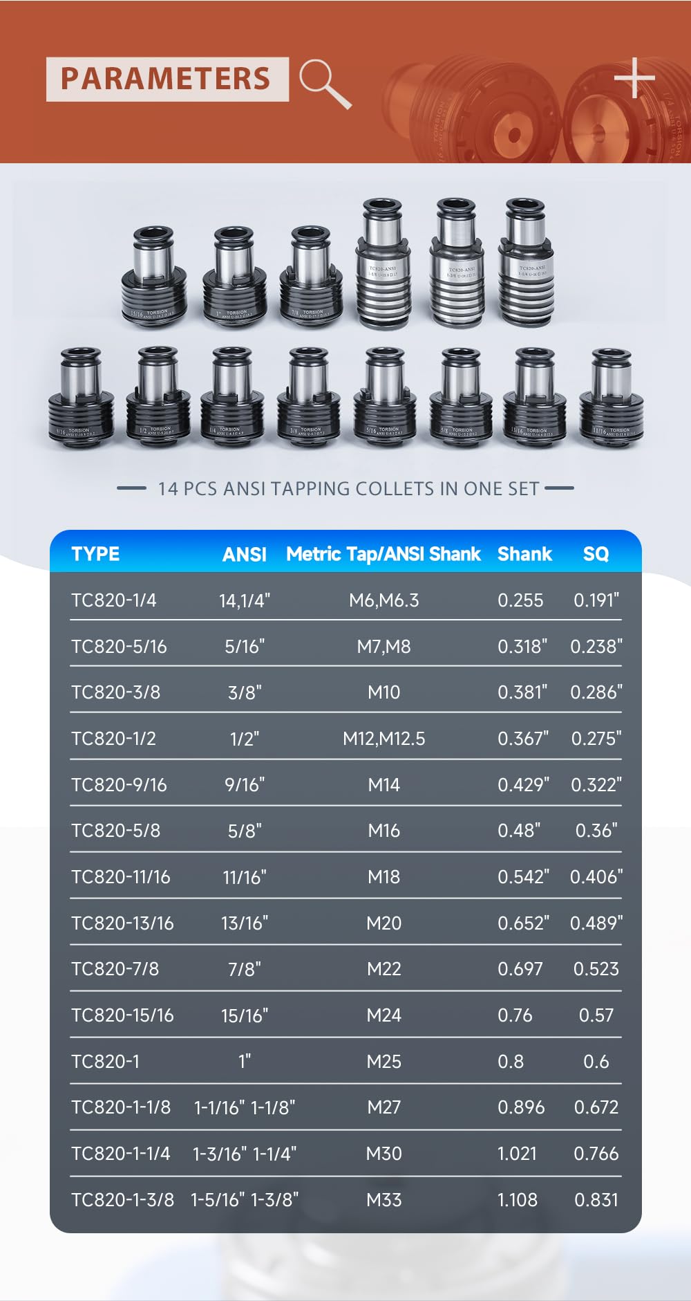 ZAC 14PCS TC820 ANSI Collets, M6, M6.3, M7, M8, M10 M12 M12.5 M14-M33 Inch Tap Holder Tap Chuck Suitable for M36 Electric Tapping Machine