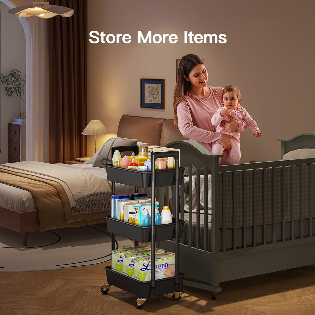 3 Tier Rolling Cart with Handle & Wheels for Storage, Black