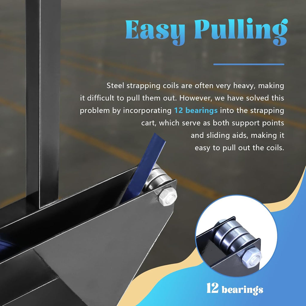 Heavy Duty Strapping Cart & Dispenser for Steel Strapping Coils with Over 9.5" Core Size Integrated Tool & Seal Tray