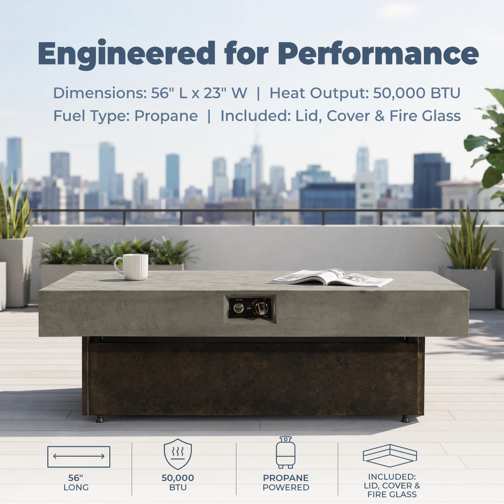56" Propane Fire Pit Table, 50,000 BTU, 3 Heights, Cement Grey