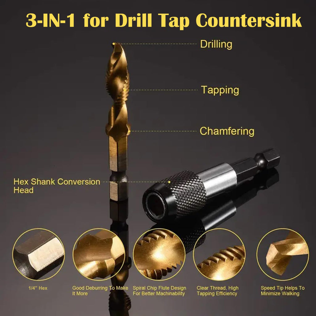 Drill Tap Set with Quick-Change Adapter of 13Pcs, 6 SAE Sizes: 6-32NC to 1/4-20NC, 6 Metric Sizes: M3 to M10, Titanium Combination Drill & Tap Bit Set for Drilling Threads, Tapping