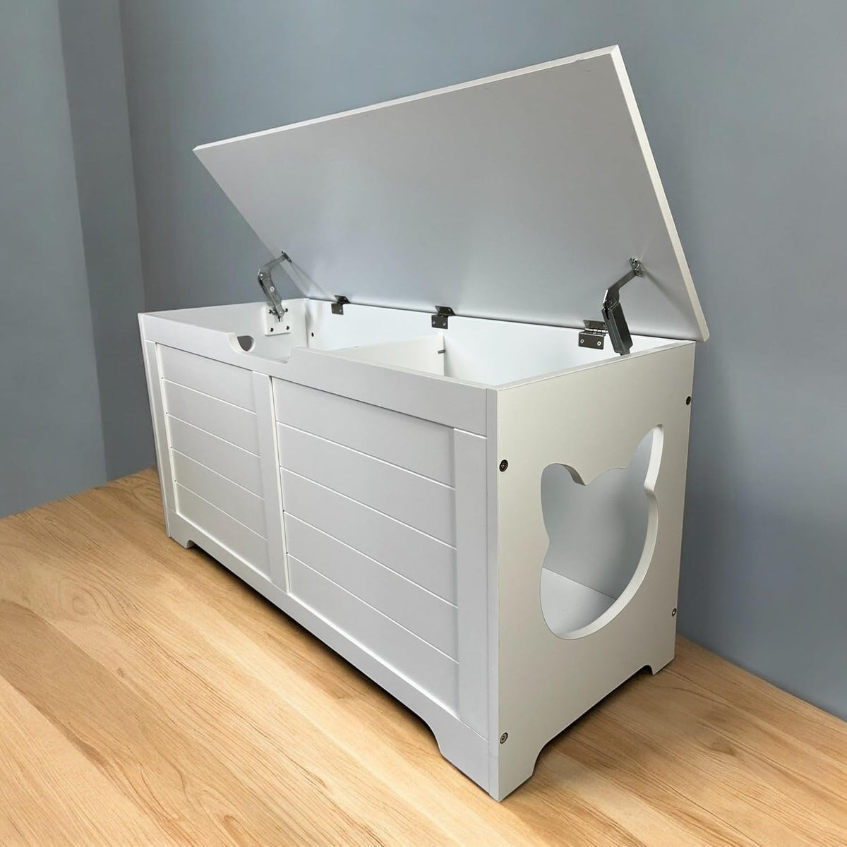 Top Open Cat Litter Box Enclosure Hidden Furniture Bench, Large Cat Washroom Cabinet and Indoor Storage Chest, Cream