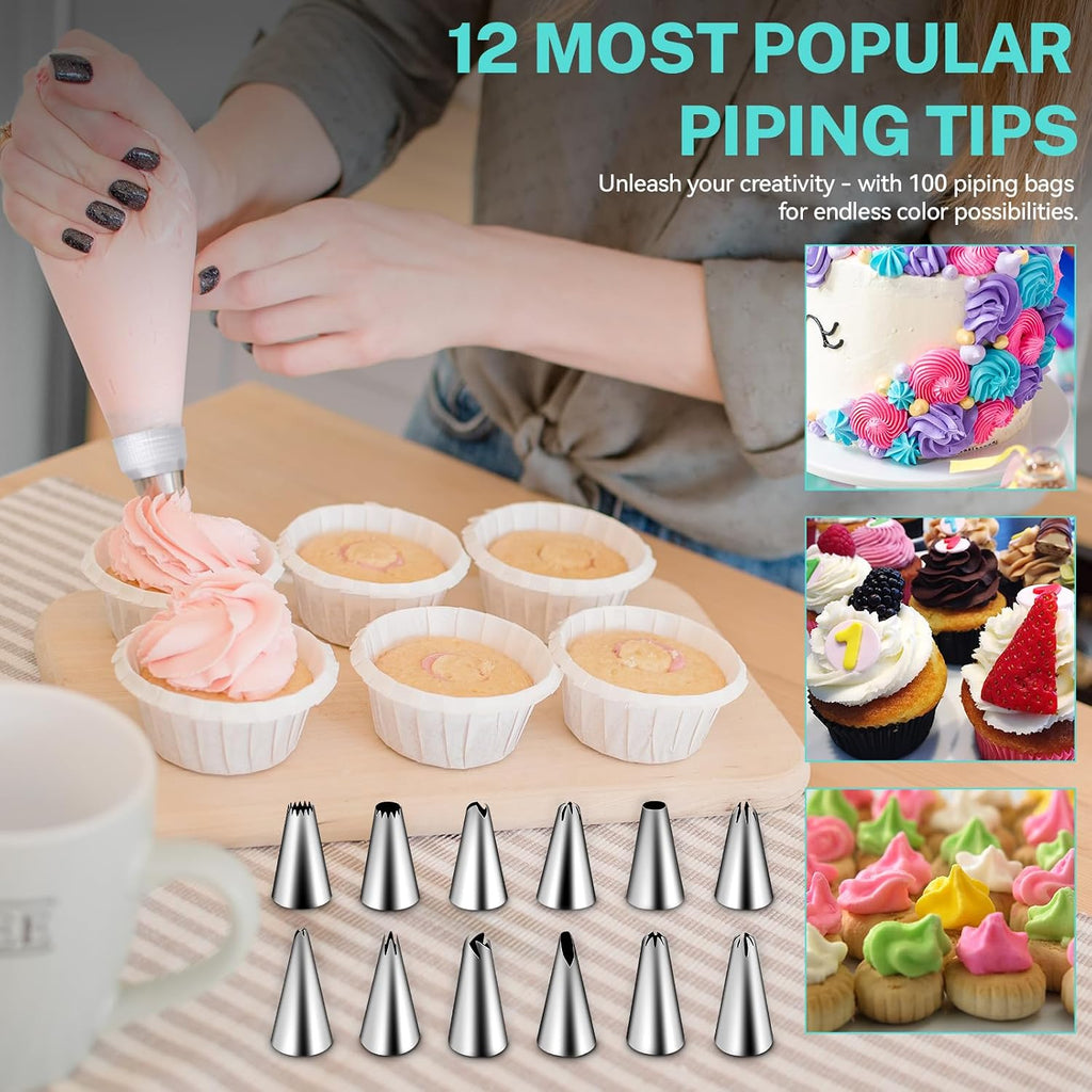 Piping Bags and Tips Set, 120 Pcs Cake Decorating Kit with 100pcs 12 Inch Disposable Pastry Bags, 1 Reusable Piping
