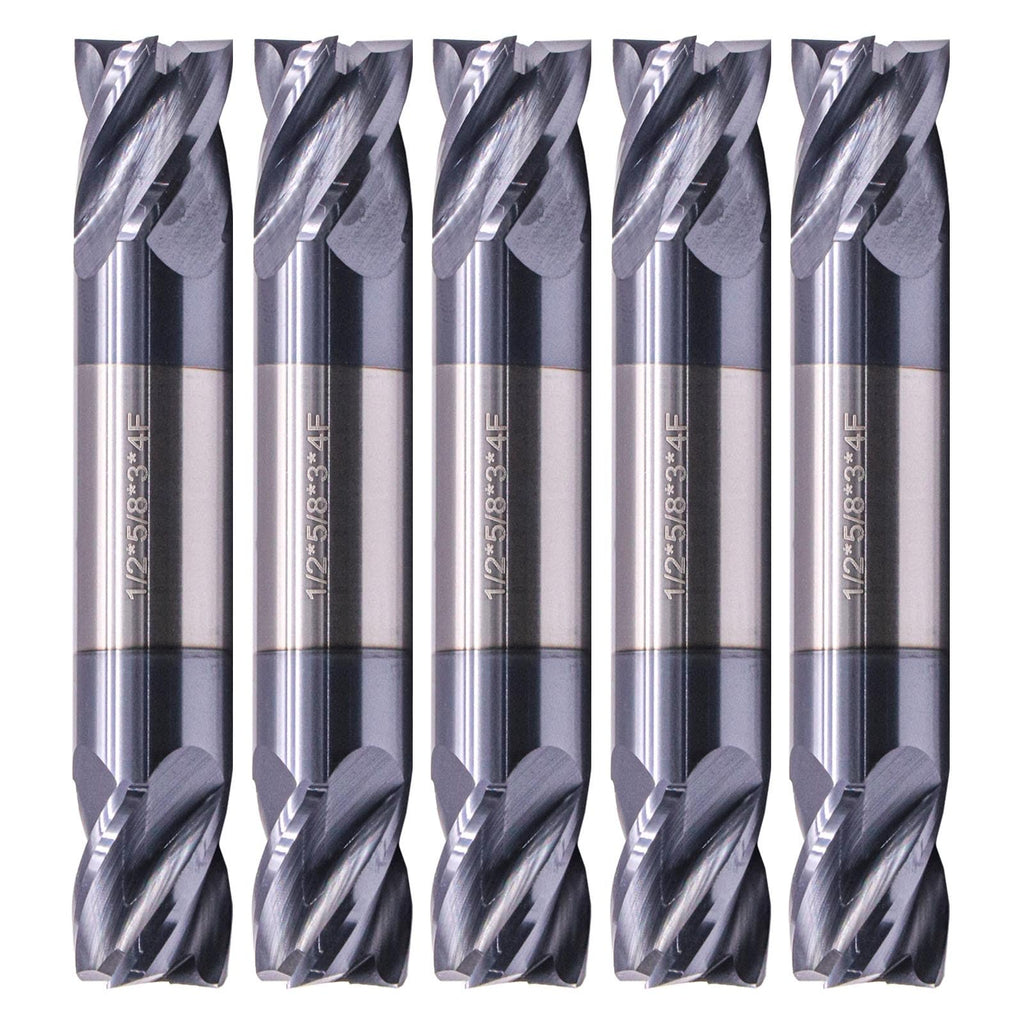 5Pcs 1/2" 4 Flute Solid Carbide Square End Mill - Double End - AlTiN Coated