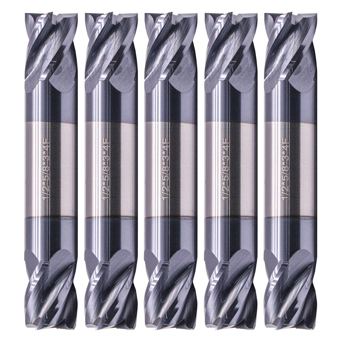 5Pcs 1/2" 4 Flute Solid Carbide Square End Mill - Double End - AlTiN Coated