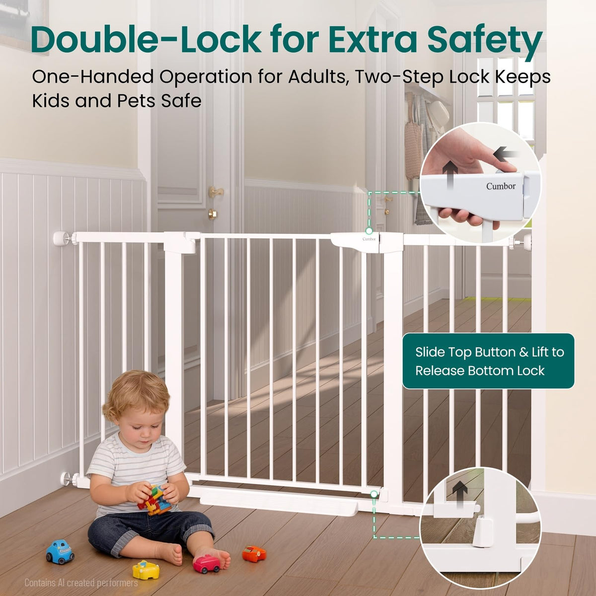 30-54" Extra-Wide Adjustable Hardware/Pressure-Mounted Pet & Child Safety Gate with Auto-Close Walk-Through Door for Stairs, Hallways & Wide Doorways — White