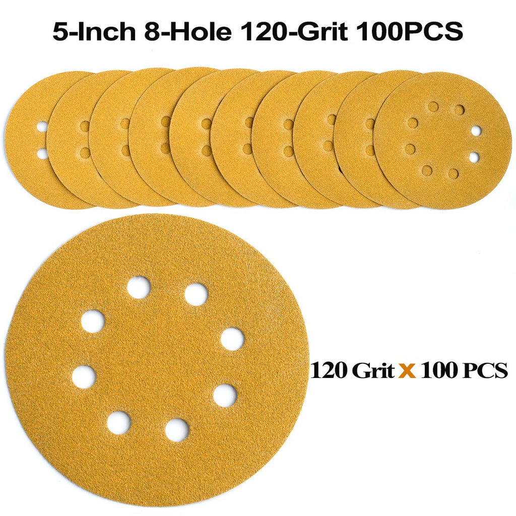 5-Inch 8-Hole Hook and Loop Sanding Discs 120-Grit, 100-Pack