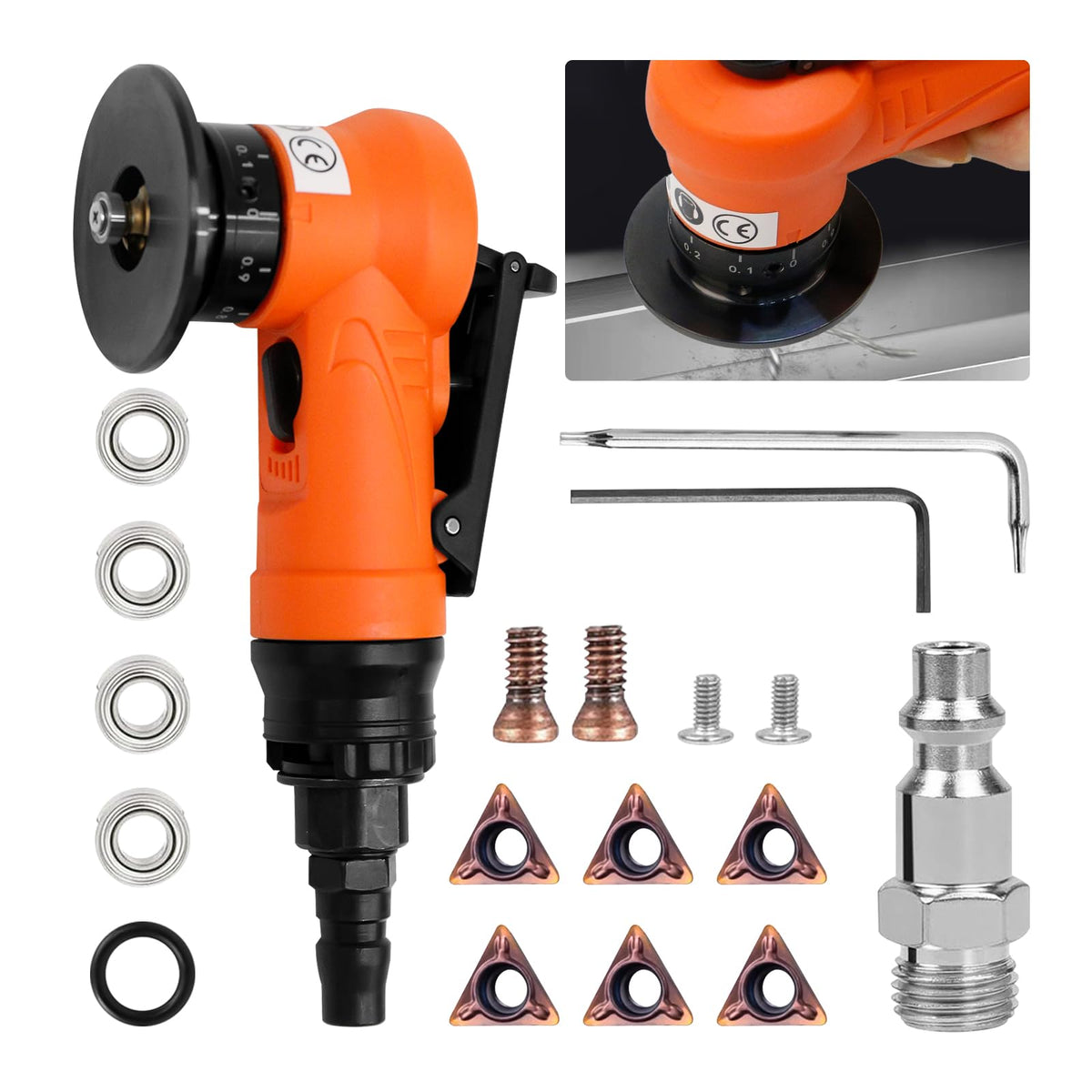 2 in 1 Mini Pneumatic Chamfering Machine, 45° Arc Corner Beveling Trimming Deburring Machine 30000RPM Handheld Chamfering Air Chamfer Tool with 1/4 Inch Air Inlet (R Angle Blades,Orange)