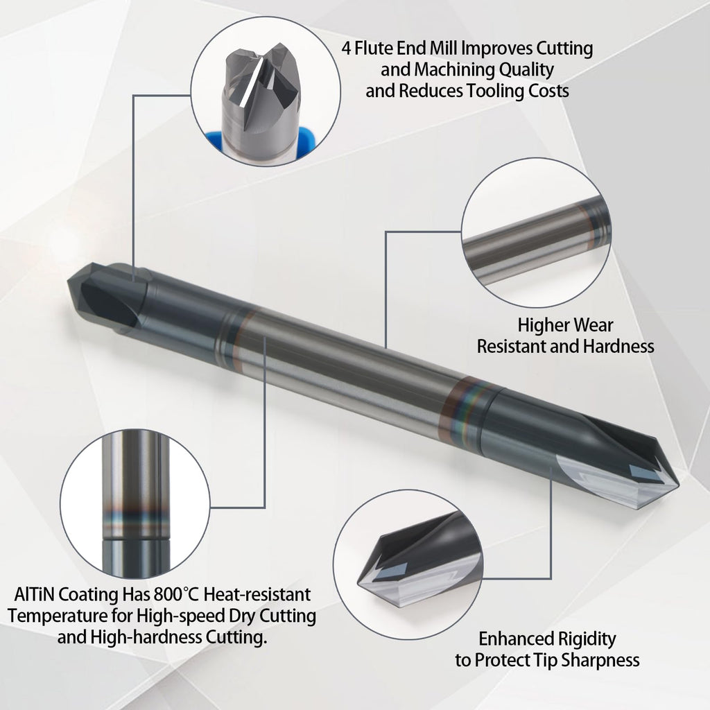 NZ 1/4" Double-Ended Carbide Chamfer End Mill, 90° 4 Flute AlTiN Coated - for Alloy Steel, Hardened Steel, Copper, Iron & Aluminum - 2-1/2" Overall Length