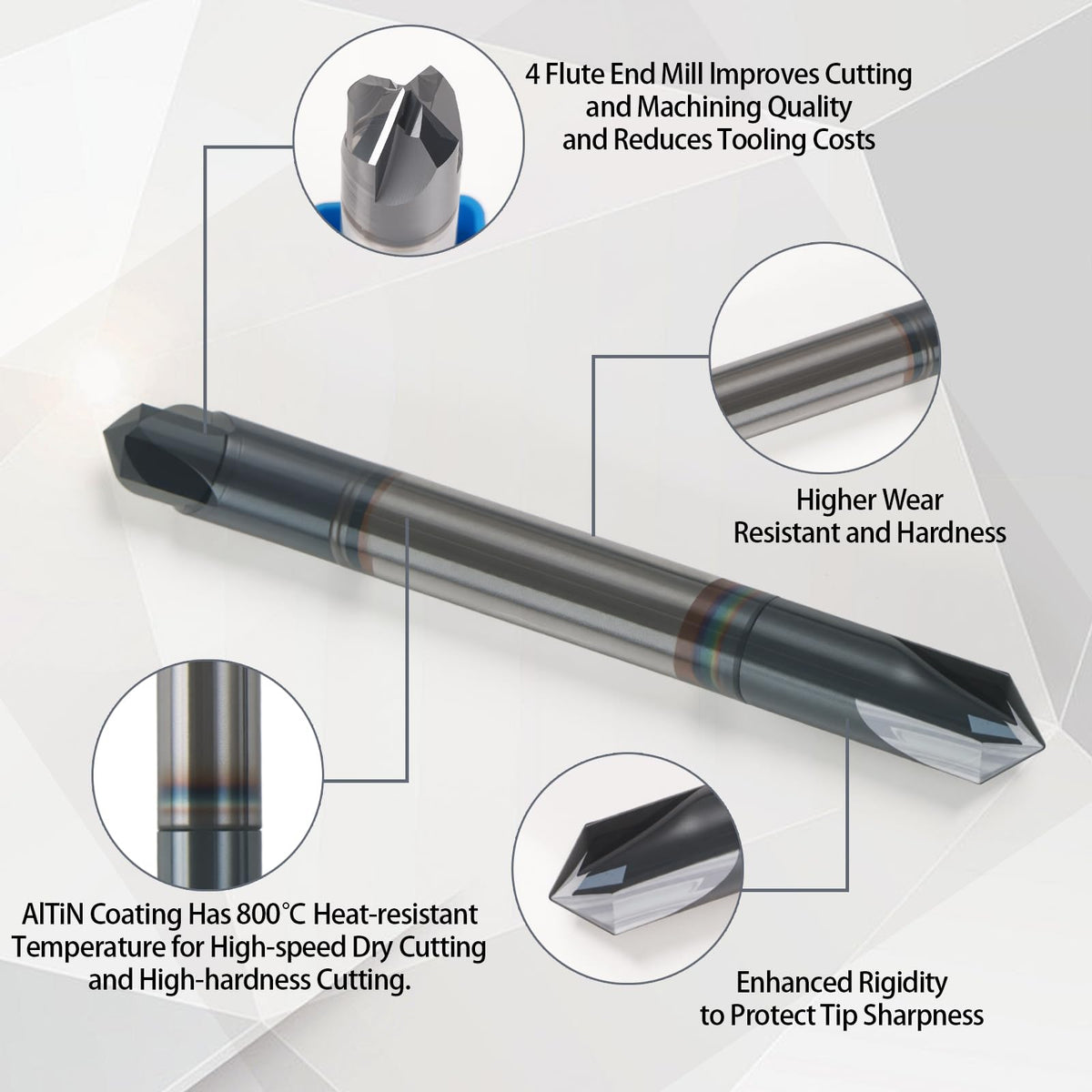 NZ 1/4" Double-Ended Carbide Chamfer End Mill, 90° 4 Flute AlTiN Coated - for Alloy Steel, Hardened Steel, Copper, Iron & Aluminum - 2-1/2" Overall Length