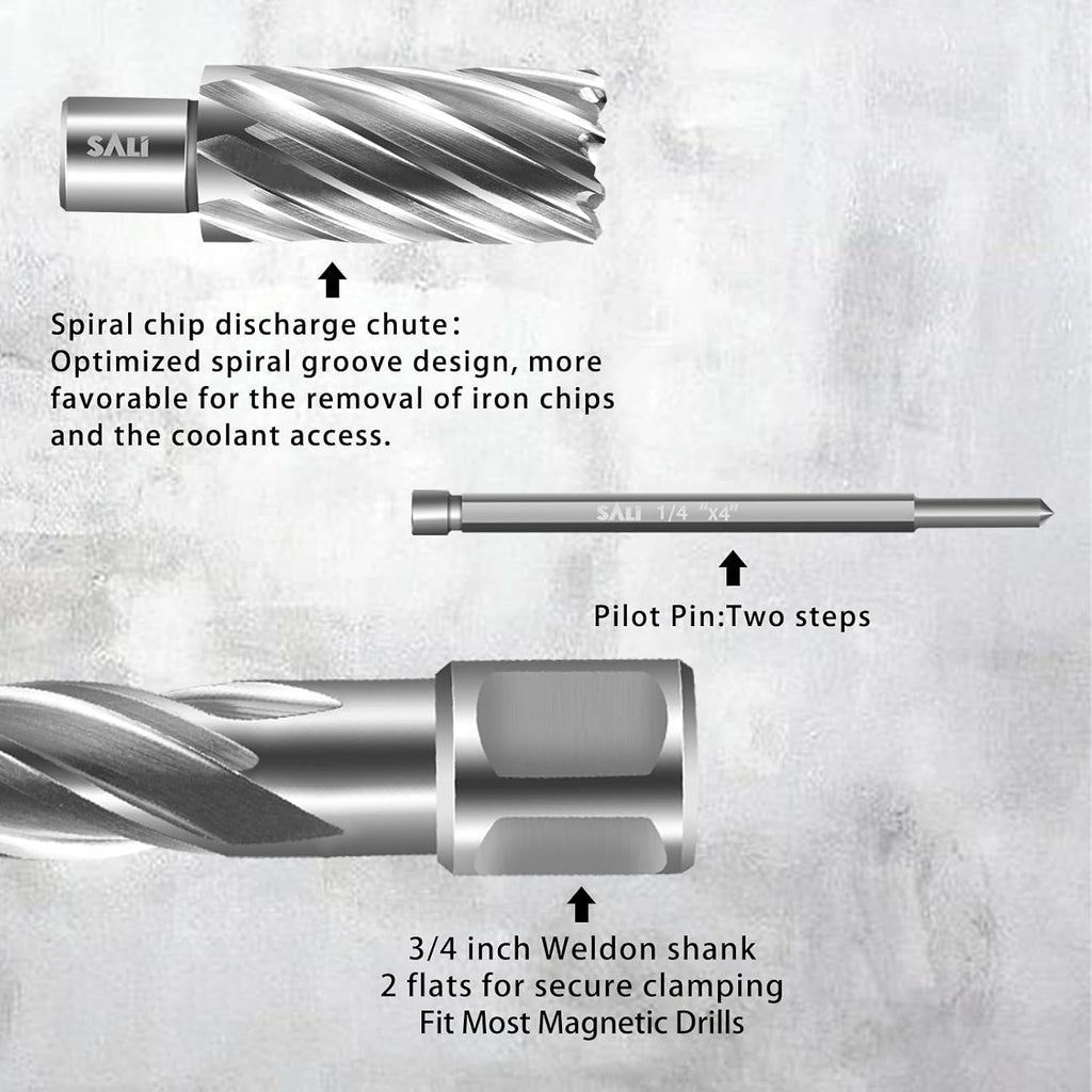 SALI Annular Cutter Diameter 1-3/4 Inch with Weldon Shank 3/4" (with 2 Flats) Cutting Depth 2" Mag Drill Bit for Magnetic Drill Press HSS Fully Ground Drill with One 1/4"*4" Pilot Pin