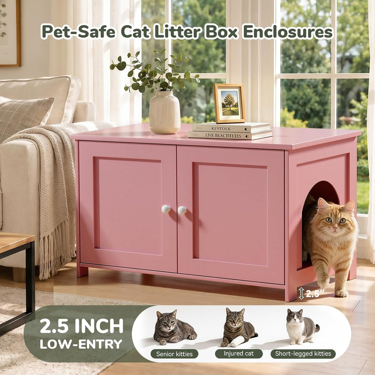 Hidden Cat Litter Box Enclosure Furniture, Extra Large, Pink