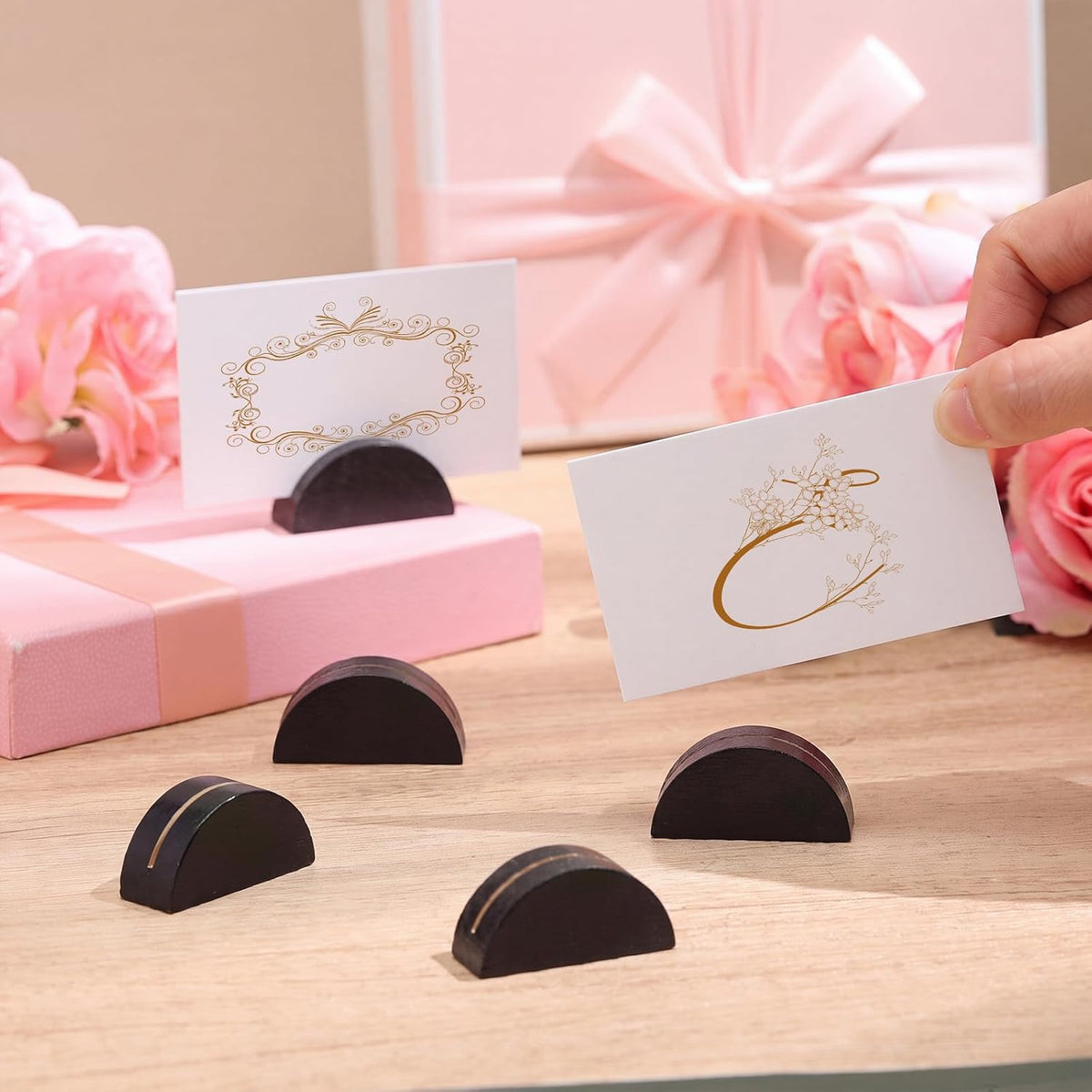 24 Pcs Wooden Table Number Stands with Tented Cards,Black, White